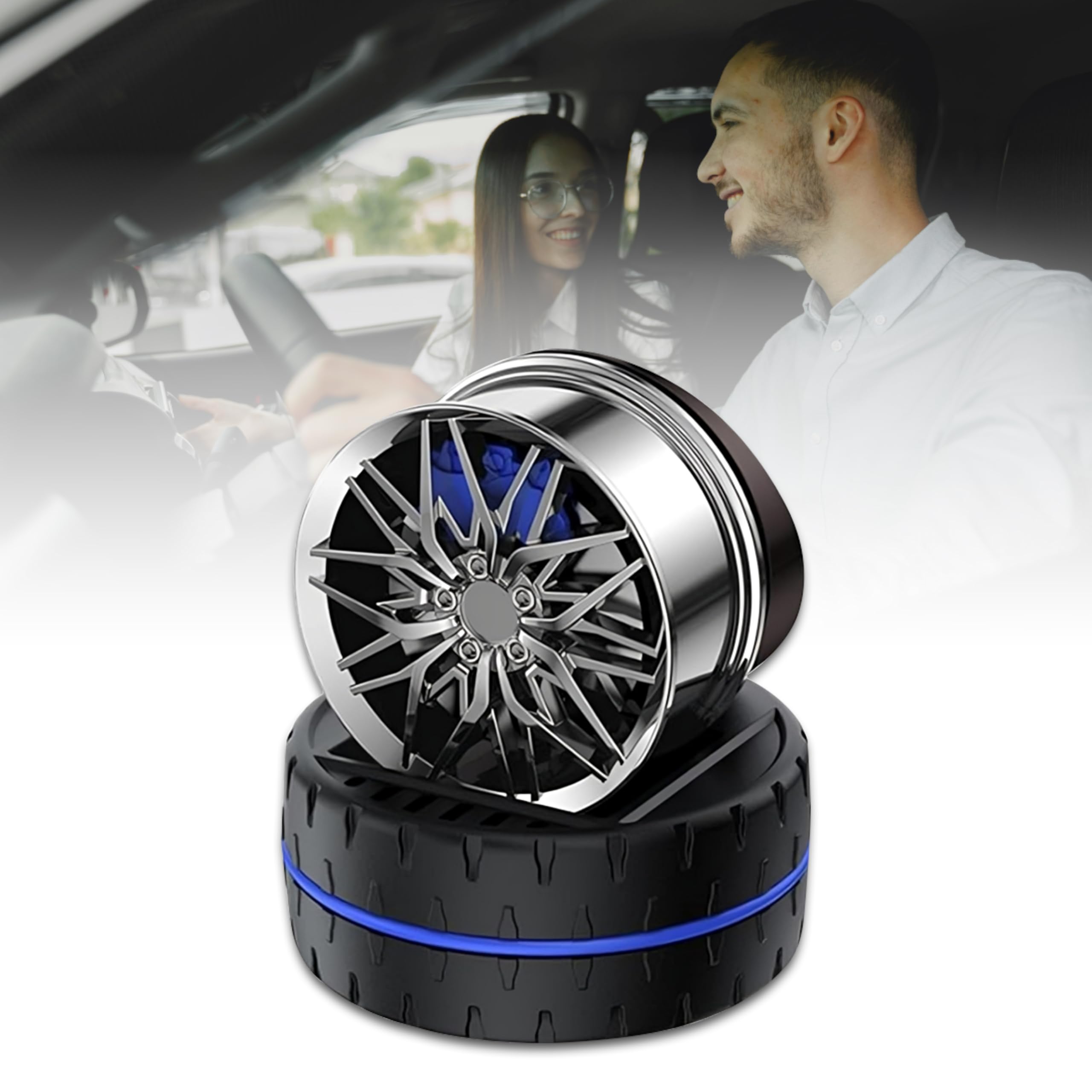 Mikanix Solar Rotating Car Dashboard Air Freshener/Perfume Diffuser | Metal Body & Alloy Wheel Hub Design with Perfume Liquid for Car Interior Decoration Accessories