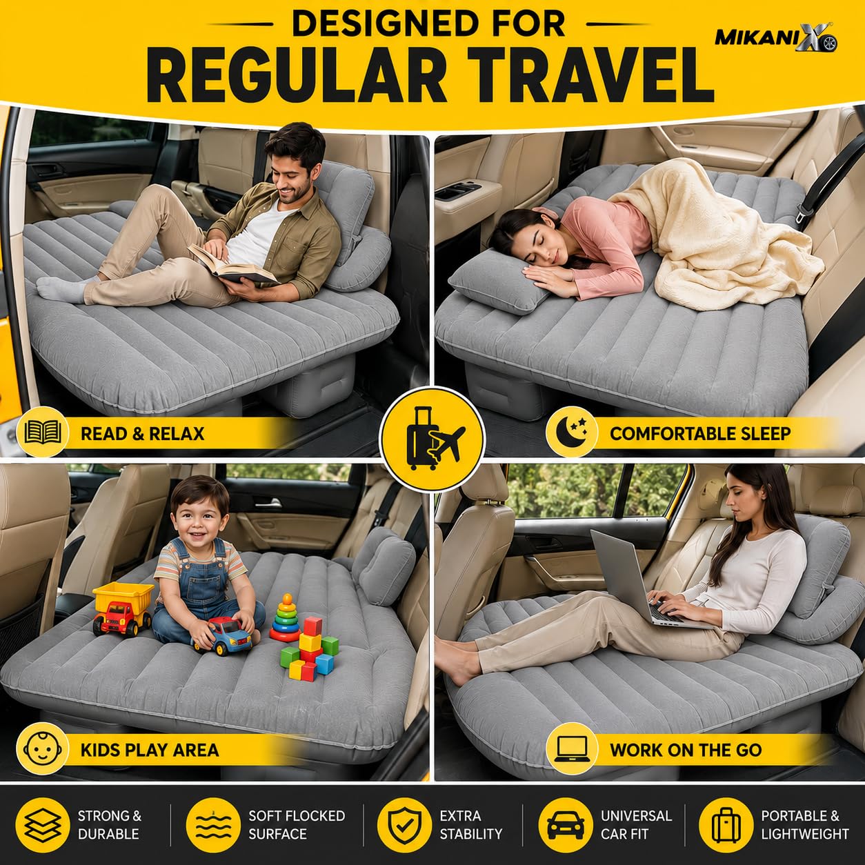 MIKANIX Inflatable Car Mattress Back Seat Air Bed for SUV, Sedan & Truck Travel | Portable Camping Air Mattress Bed with Portable Electric Air Pump, 2 Pillows, Repair Kit & Head Protection