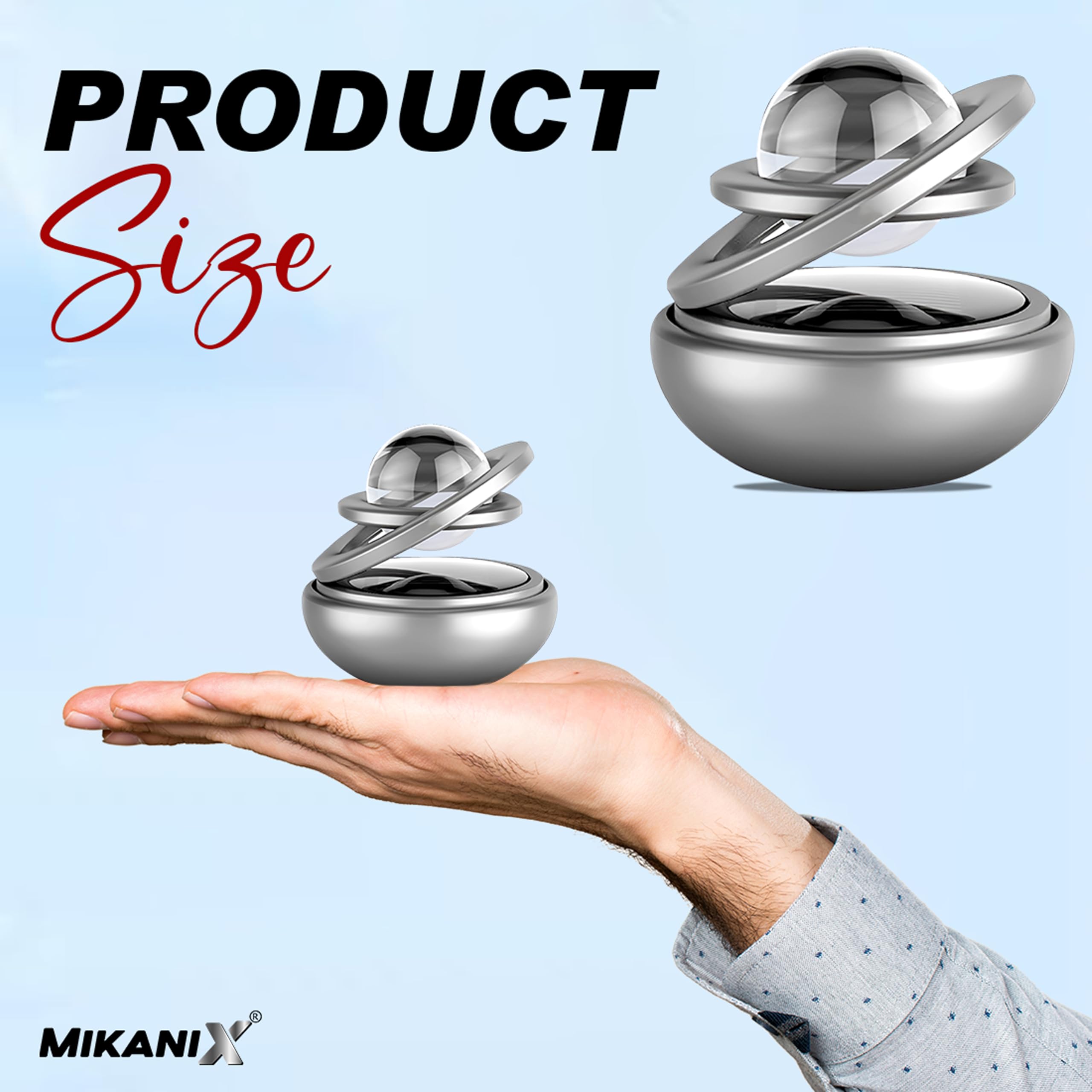 Mikanix Solar Energy Rotating Car Dashboard Air Freshener/Perfume Diffuser/Dispenser|Alloy Body & Crystal Design With Perfume Liquid For Car Interior & Home Air Freshener (Silver), Pack Of 1