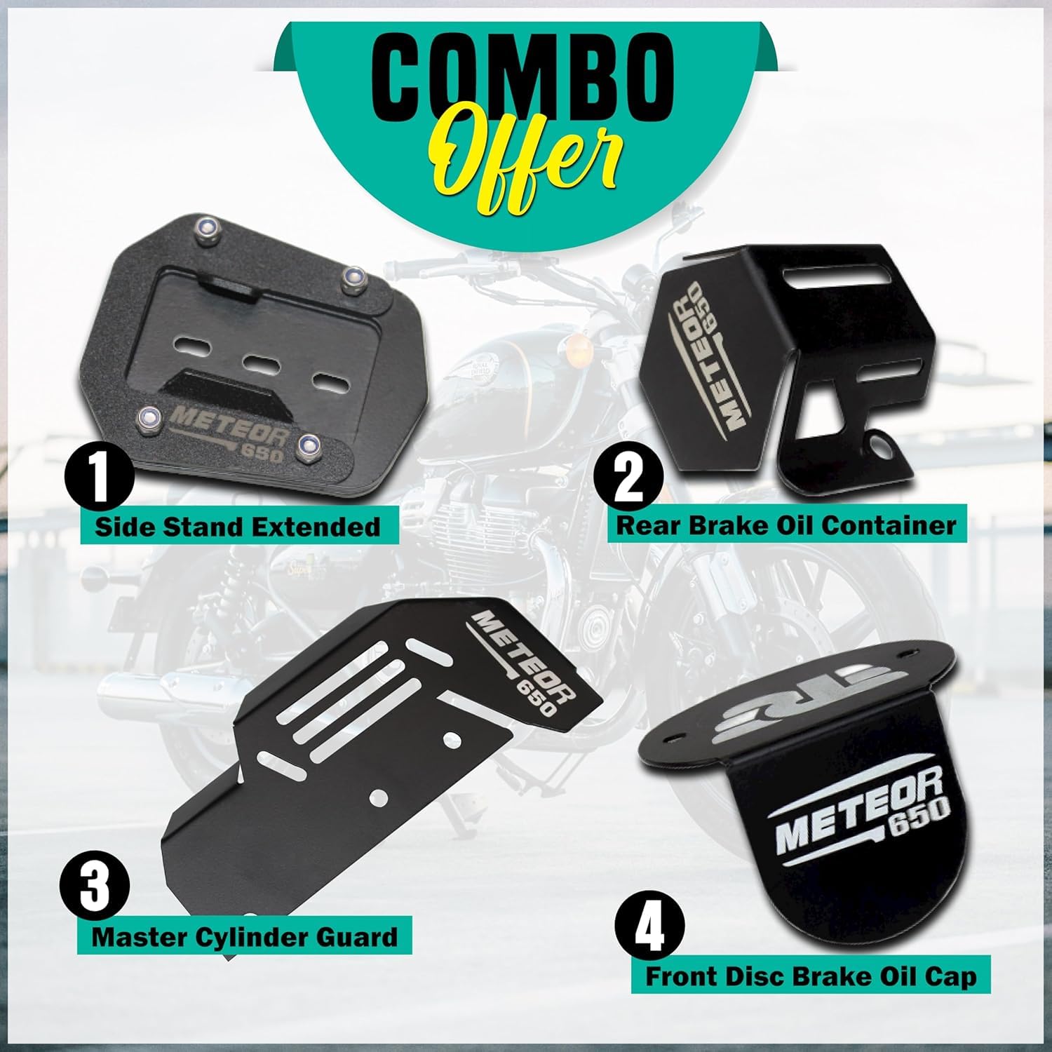 MIKANIX Combo of Complete Accessories for RE Meteor 650 Side Stand Extender, Front & Rear Oil Cap Container Guard, Master Cylinder Guard Big