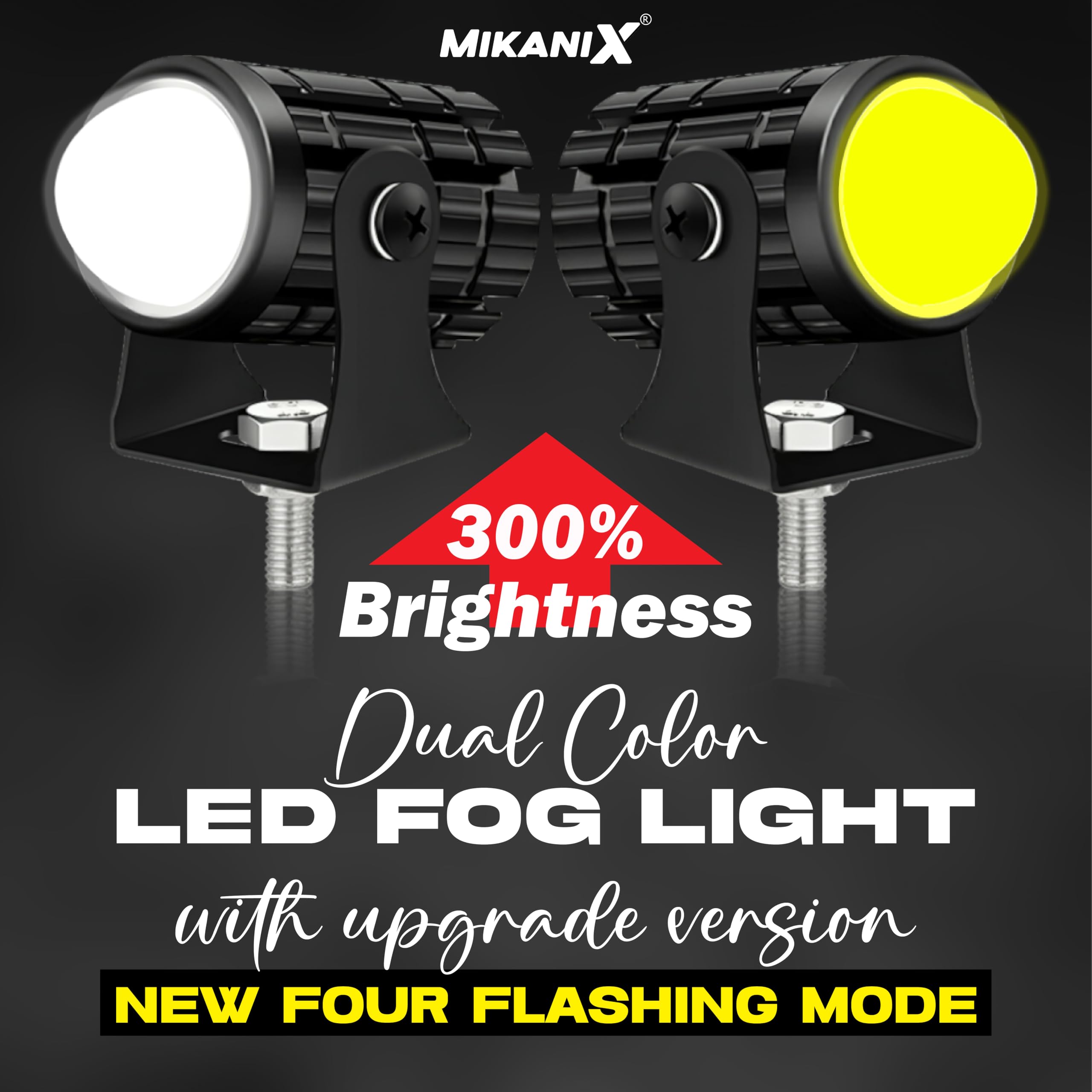 MIKANIX Super Bright Led Fog Light Lamp | White & Yellow | High/Low Beam | 4 Modes of Flashing Spotlight With Switch Universal for Bikes & Scooty