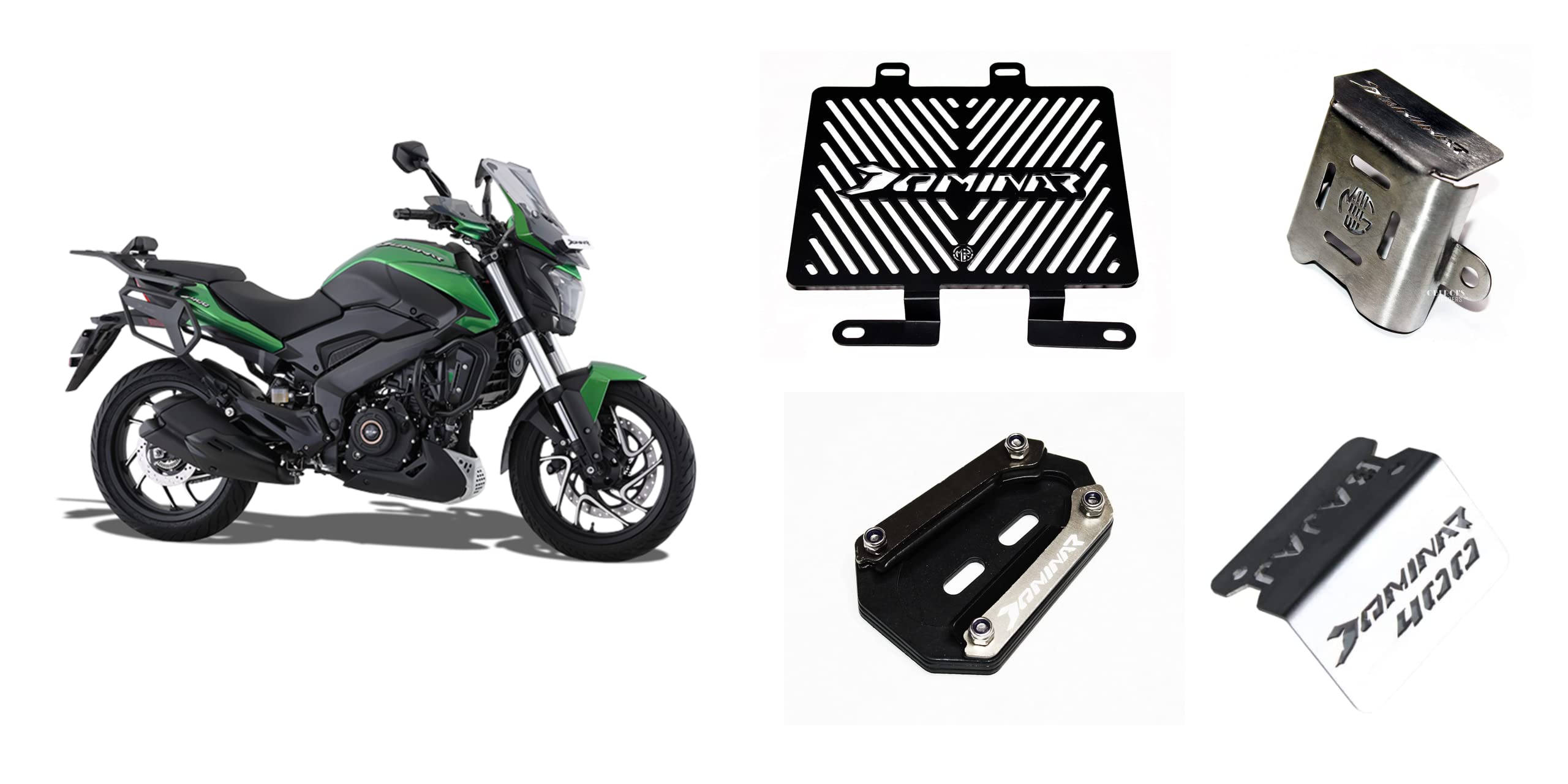 MIKANIX Dominar 400 Bike Radiator Guard Grill, Front Oil Cap Guard, Side Stand Extender and Rear Oil Container Guard Motorcycle Accessories Combo
