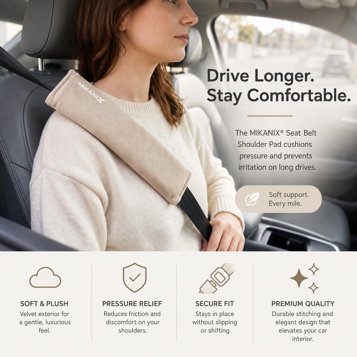 MIKANIX Car Seat Belt Shoulder Pad | Ultra Soft Fabric Suede Belt Cover | Universal Seat Belt Sleeve For Cars, SUVs & Vehicles | Reduces Shoulder Pressure & Neck Comfort for Daily & Long Drives