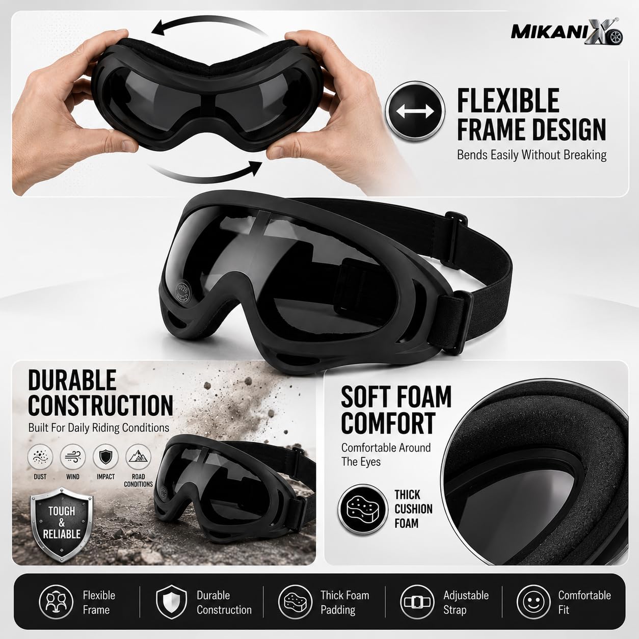 BRXR Motorcycle Riding Eyewear Helmet Goggles Anti Scratch | UV Protective Windproof Dirt Shield For Cycling, Bike Riding Off Road Racing And Outdoor Activities (BLACK)