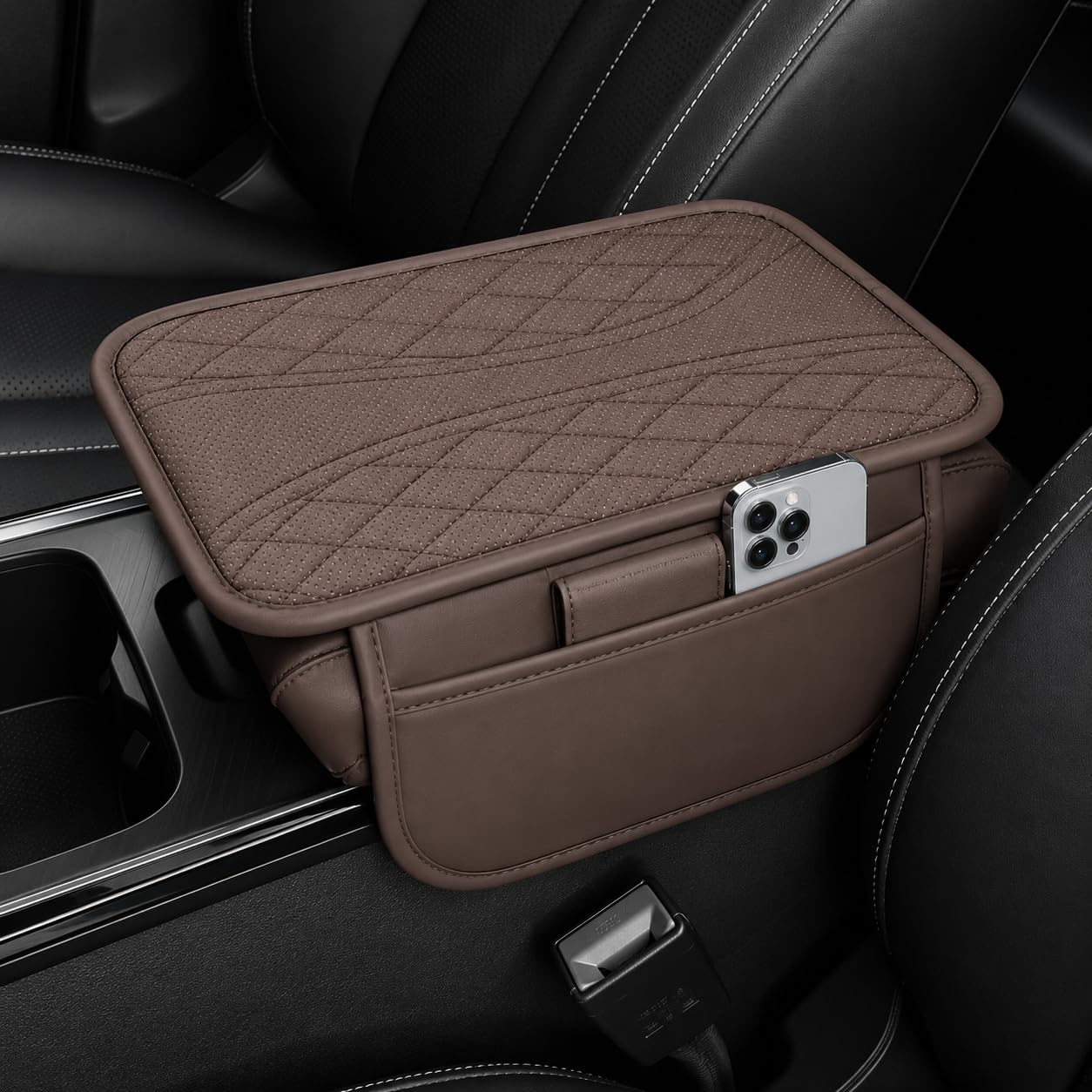 MIKANIX Car Center Console Armrest Cushion | Waterproof Leather Car Armrest Pad with Cup Holder, Phone Slot & Tissue Organizer for Top Hinged Consoles