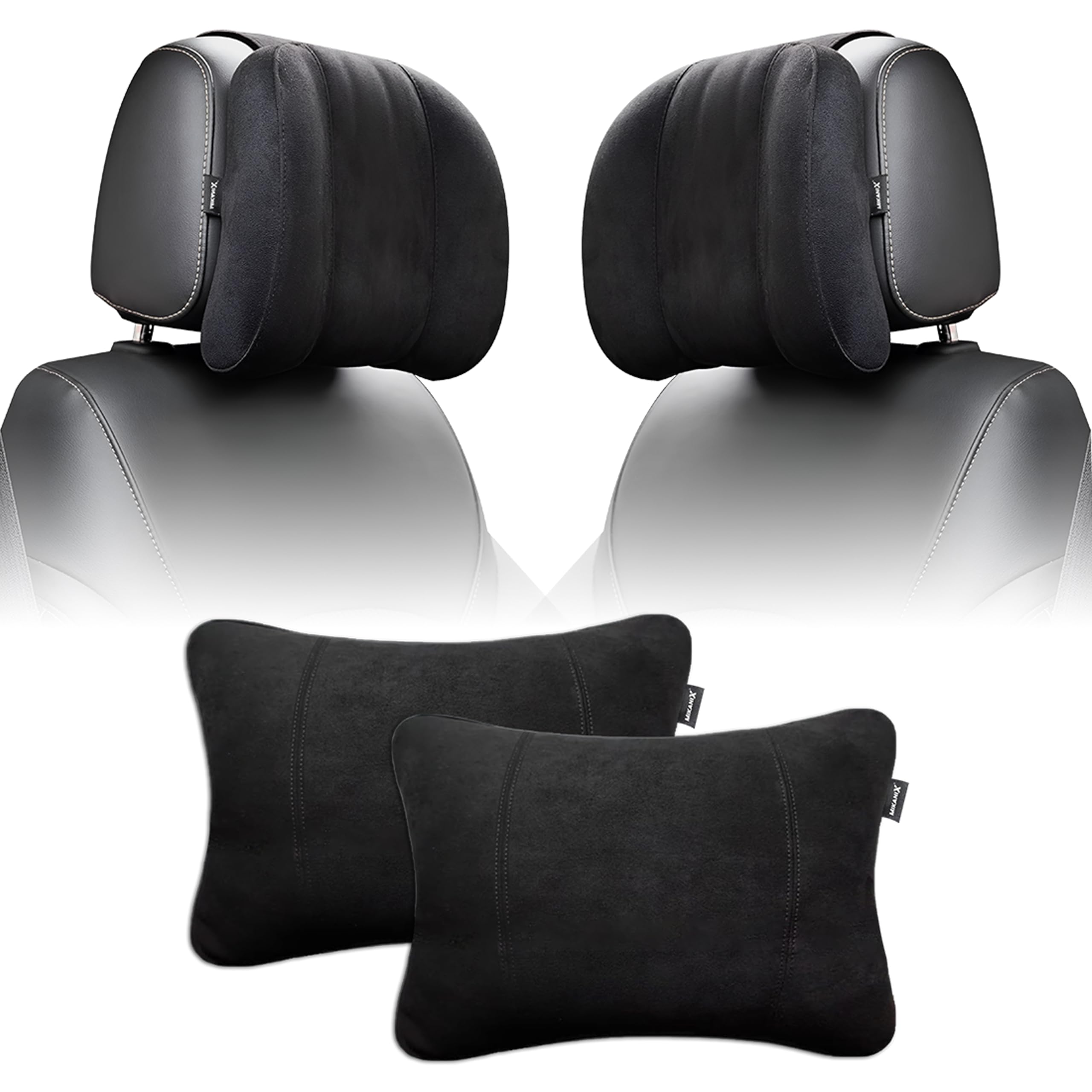 MIKANIX Car Headrest Pillow | Polyfill Fiber Cotton Neck/Head Support Cushion | Ergonomic Travel Headrest | Comfortable Car Seat Pillow | Breathable Soft Cover | Universal Fit (4 Black)