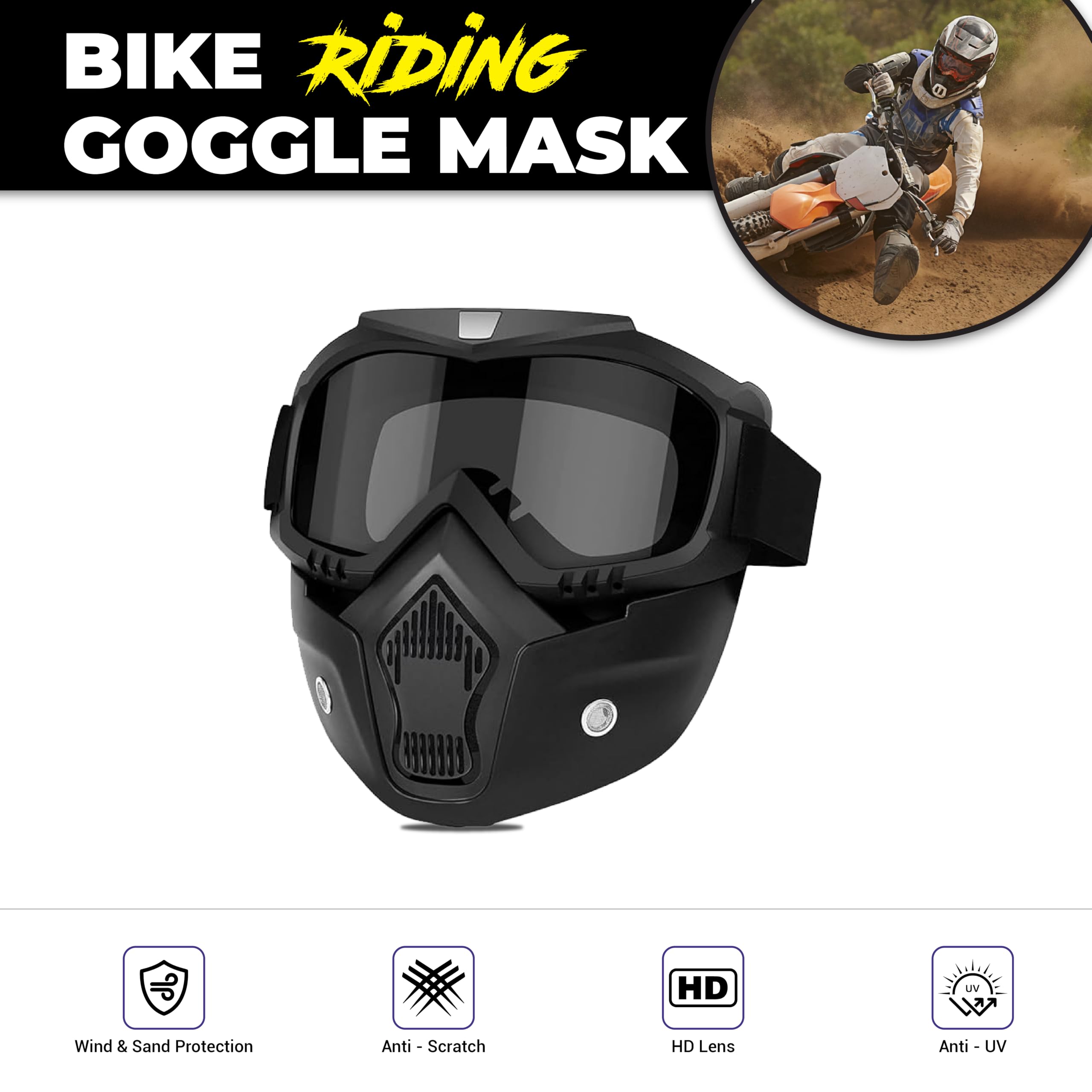 MIKANIX Bike Riding Goggle Mask Anti Scratch UV Protective Face & Eyewear Windproof Dirt Shield With Detachable Mouth Filter For Cycling, Bike Off Road Racing