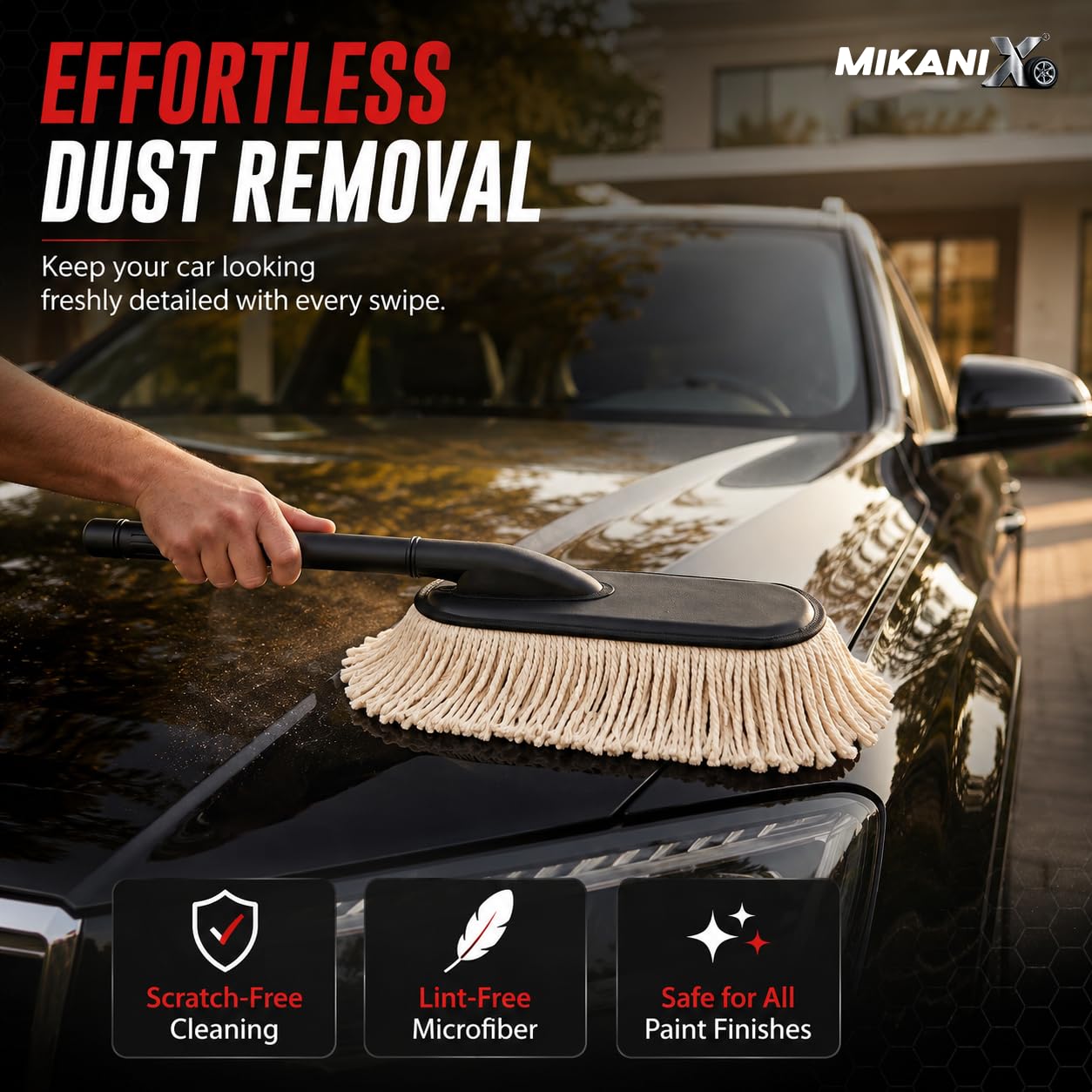 MIKANIX Soft Microfiber Car Duster Brush with Long Handle, Lint-Free & Scratch-Free Car Dust Cleaner | Paraffin Wax-Treated Cotton Fibers for Car, Bike, SUV, Truck & Dashboard