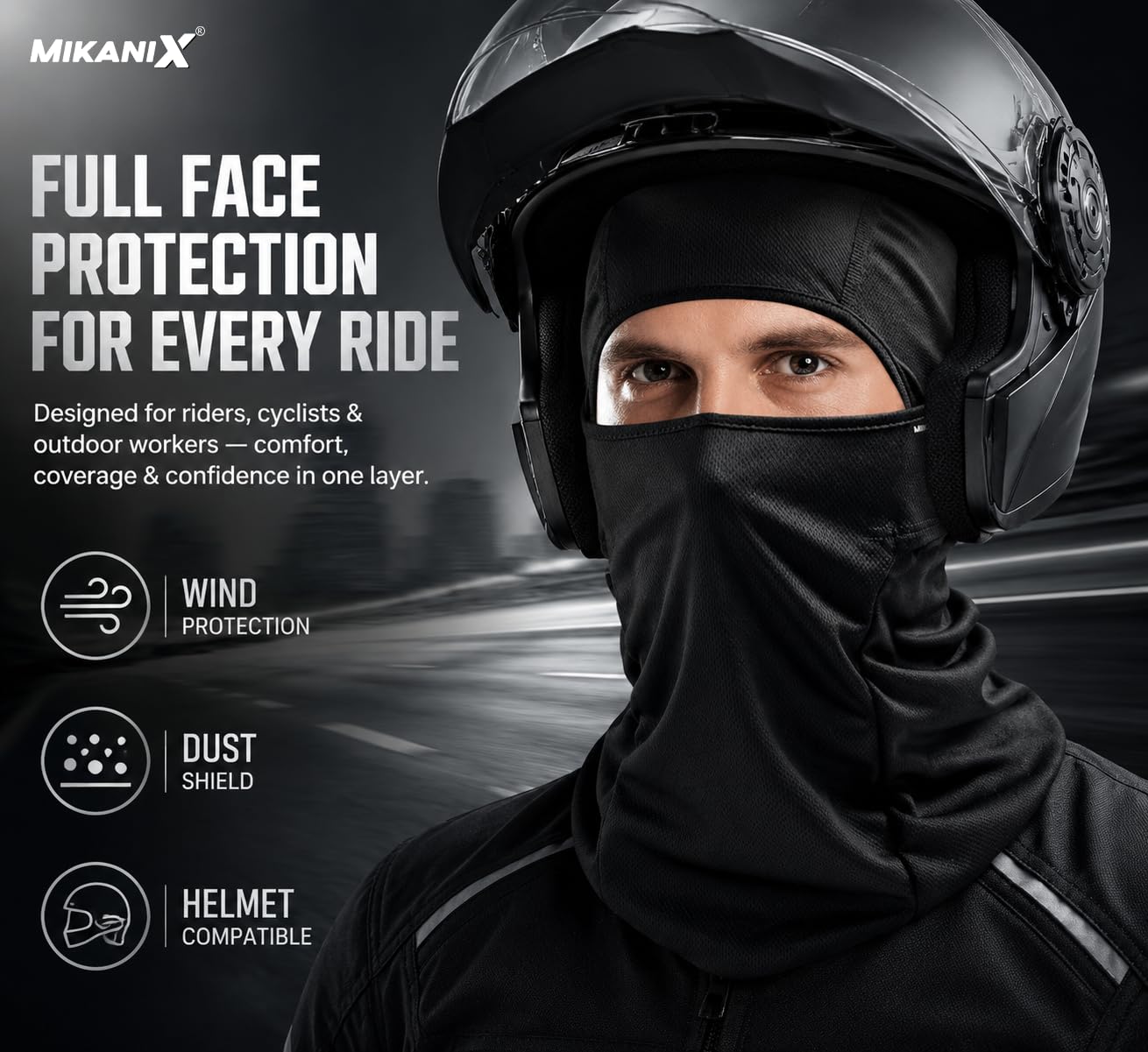 MIKANIX Full Face Balaclava Mask for Men & Women | Breathable Bike Riding Face Mask | Dust, Wind & Sun for Motorcycle, Cycling & Outdoor Sports (GREY)