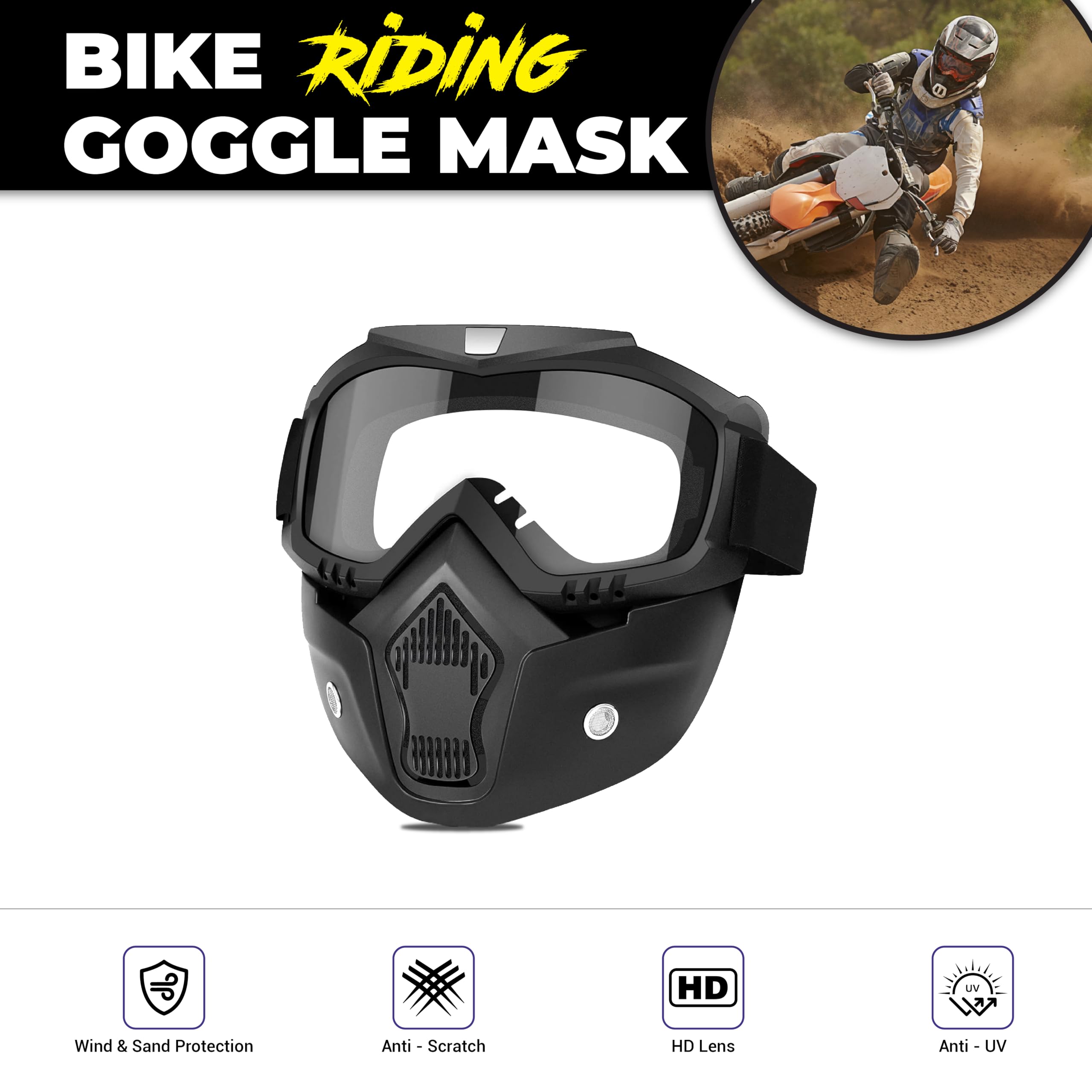 MIKANIX Bike Riding Goggle Mask Anti Scratch UV Protective Face & Eyewear Windproof Dirt Shield With Detachable Mouth Filter For Cycling, Bike Off Road Racing