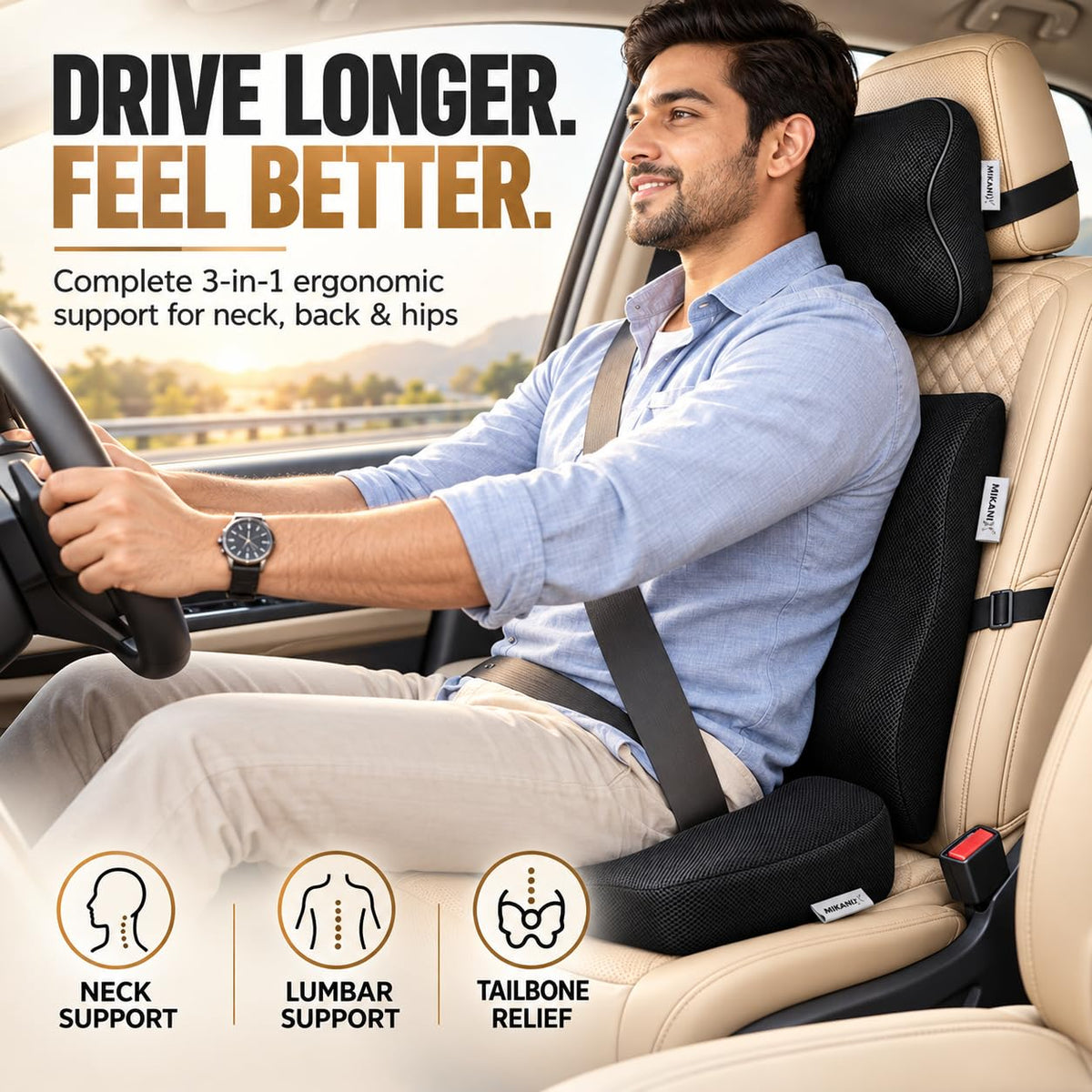 MIKANIX 3-in-1 Cushion Combo with Memory Foam Orthopedic Coccyx Seat Cushion | Lumbar Support Backrest and Neck Headrest Cushion | Breathable for Car, SUV, Sedan & Long Drives