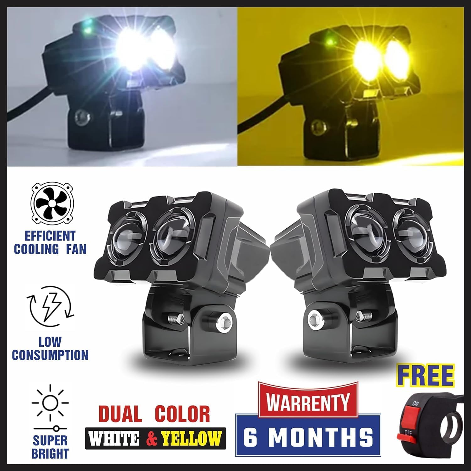 MIKANIX Super Bright LED Fog Light Lens Projector With HD Lens Dual Color White | Yellow With High & Low Beam For All Motorbike, Scooty & ATVs