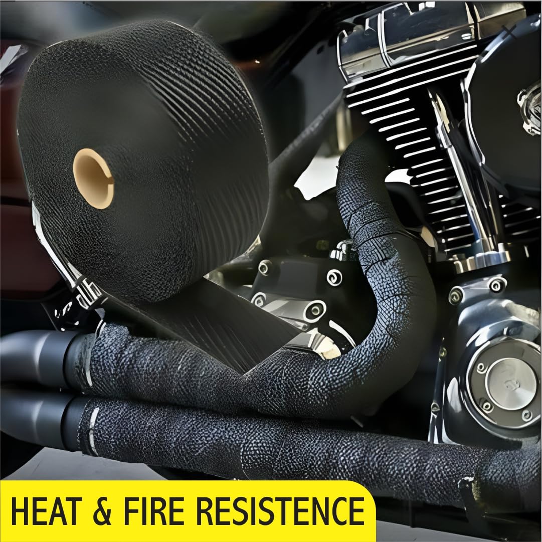 OBEROI'S TRADERS Combo of Universal Silencer Wrap | Bend Pipe Wrap | Bike Exhaust Heat Shield Protector with Clamp Compatible for Royal Enfield Classic, Electra Twinspark, Standard (6 Mtr, Black)