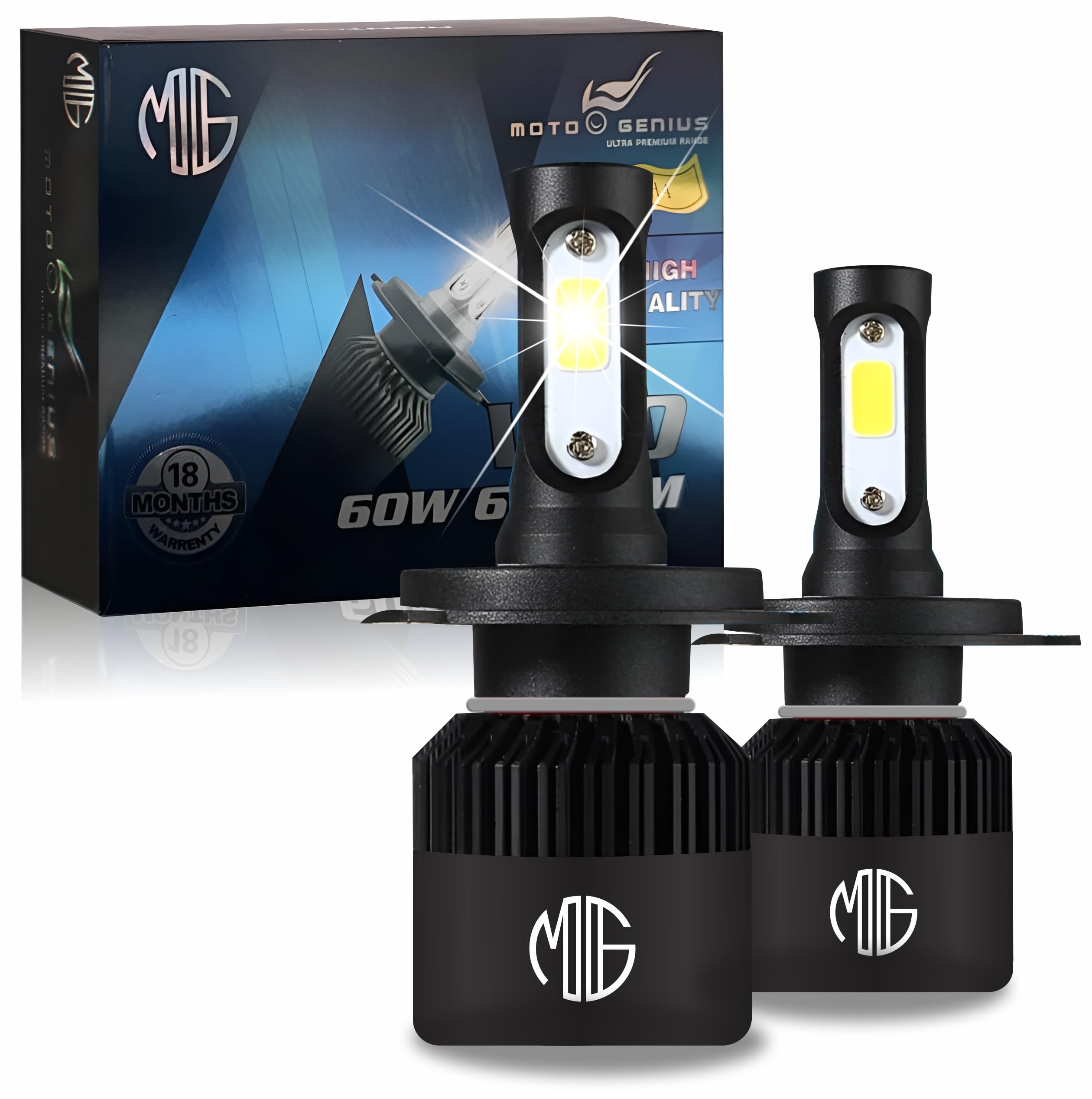 MIKANIX 18 Months Warranty H4 Fitting Ultra Premium Range 60 Watt LED Headlight Bulb Hi/Lo 6000LM | 6500K with Cooling Fan for All Cars, Bikes & SUVs