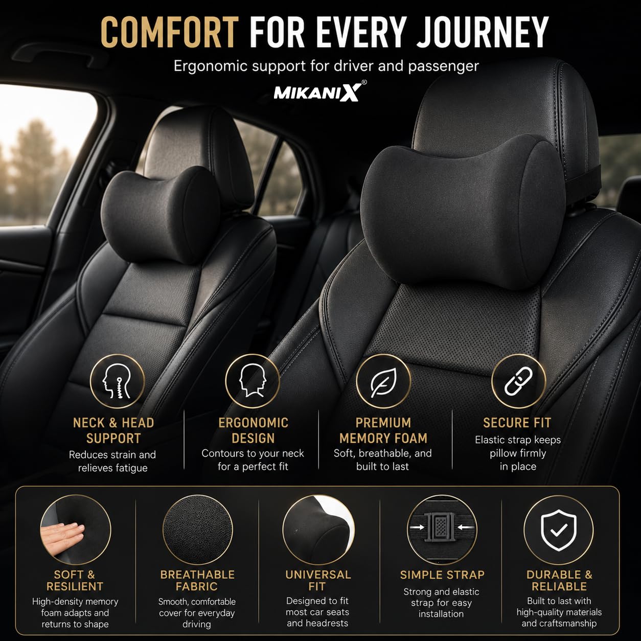 MIKANIX Car Neck Pillow for Driving - Premium Memory Foam Car Headrest Pillow with Adjustable Strap, Ergonomic Neck & Head Support for Car Seat Black