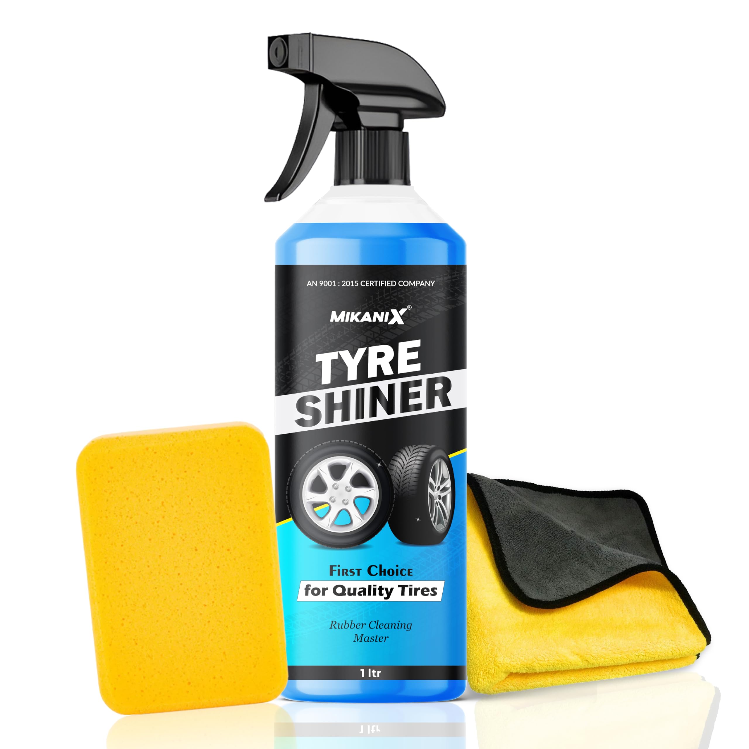 OBEROI'S TRADERS Tyre Shiner Spray 1L with Sponge & Microfiber Cloth | High Gloss Tire Polish & Rubber Protectant for Cars, Bikes & SUVs | Long-Lasting Shine & Protection from Fading & Cracks