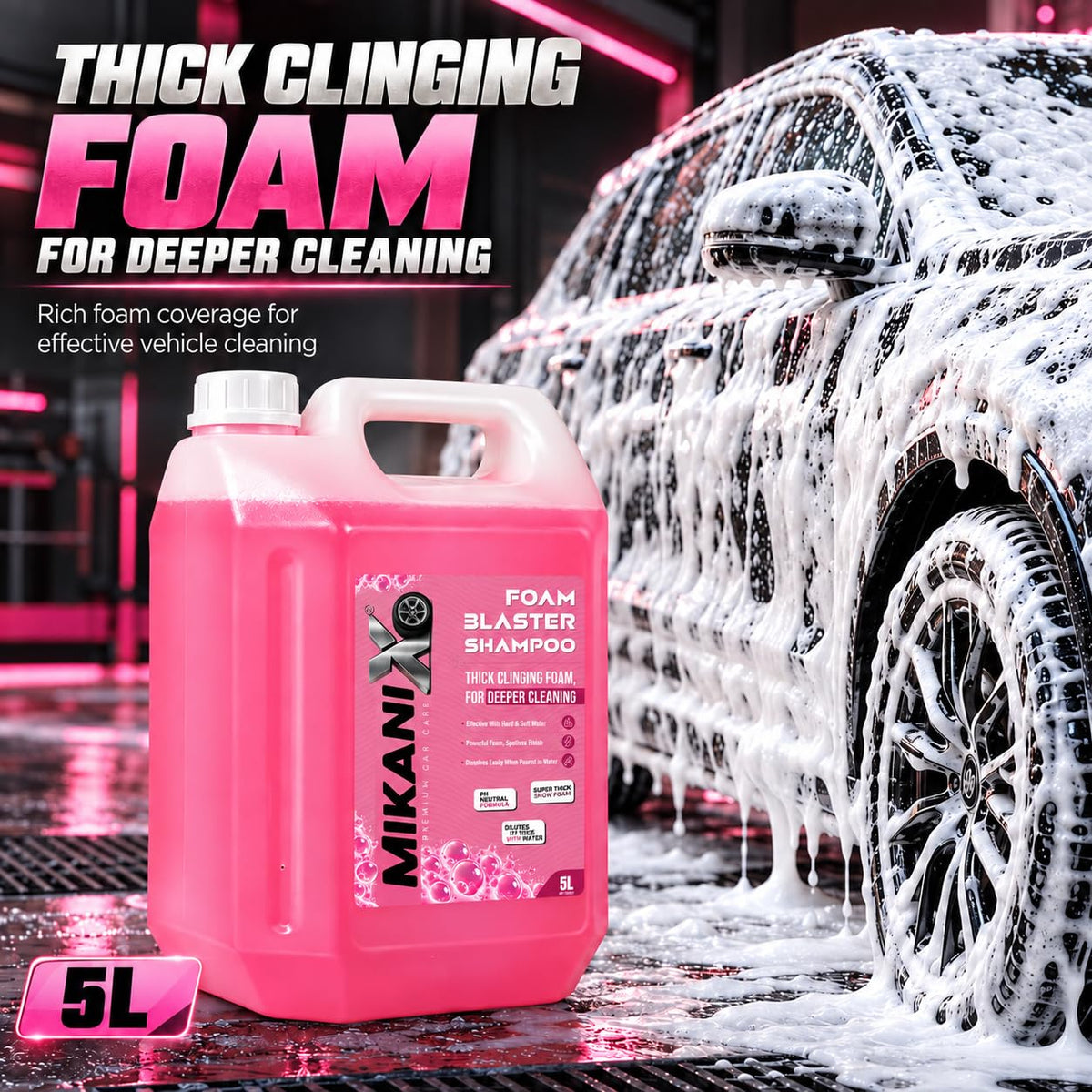 MIKANIX Car Wash Foam Blaster Concentrated Shampoo with Ceramic Shine | High Foam Car Wash Liquid for Cars & Bikes | Car Cleaning Shampoo ( 5 LTR )