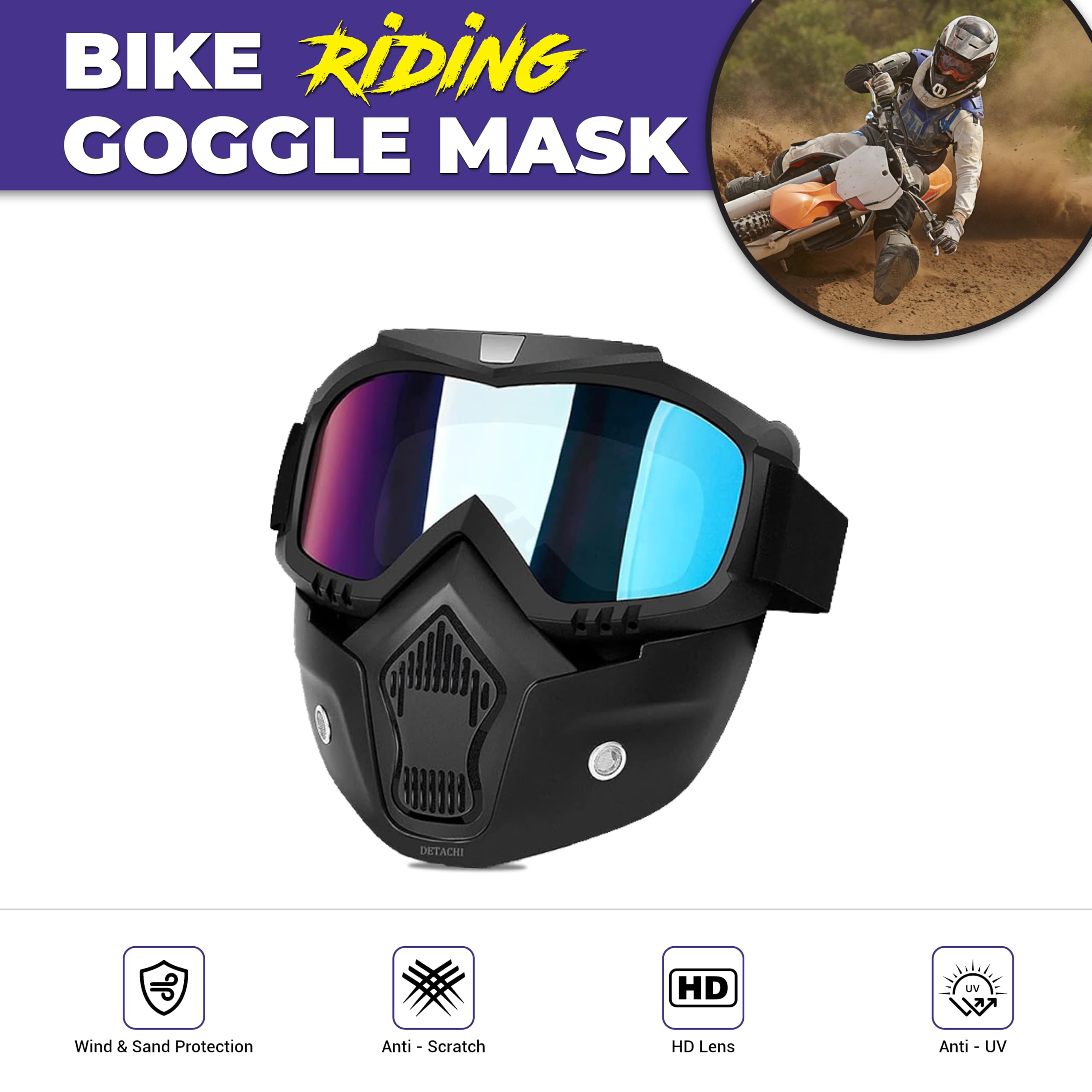 MIKANIX Bike Riding Goggle Face Mask Anti Scratch UV Protective Face & Eyewear Windproof Dirt Shield With Detachable Mouth Filter For Cycling, Bike Off Road Racing