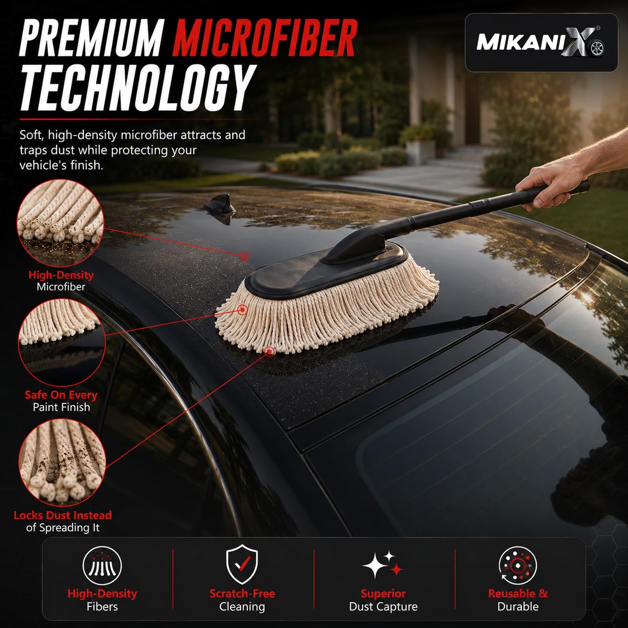 MIKANIX Soft Microfiber Car Duster Brush with Long Handle, Lint-Free & Scratch-Free Car Dust Cleaner | Paraffin Wax-Treated Cotton Fibers for Car, Bike, SUV, Truck & Dashboard