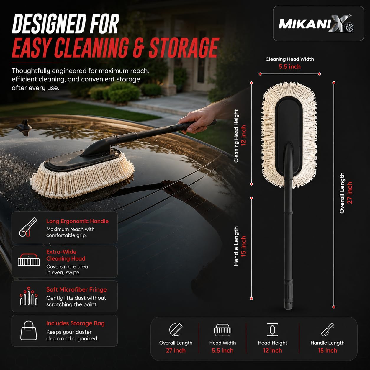 MIKANIX Soft Microfiber Car Duster Brush with Long Handle, Lint-Free & Scratch-Free Car Dust Cleaner | Paraffin Wax-Treated Cotton Fibers for Car, Bike, SUV, Truck & Dashboard