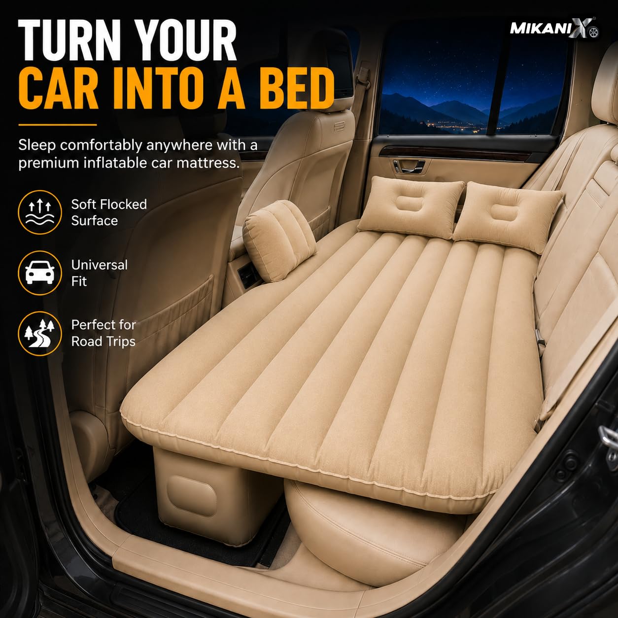 MIKANIX Inflatable Car Mattress Back Seat Air Bed for SUV, Sedan & Truck Travel | Portable Camping Air Mattress Bed with Portable Electric Air Pump, 2 Pillows, Repair Kit & Head Protection