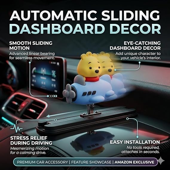 MIKANIX Auto Sliding Car Dashboard Decoration Cute Anime Pooh Character Moving Ornament Interior Accessory