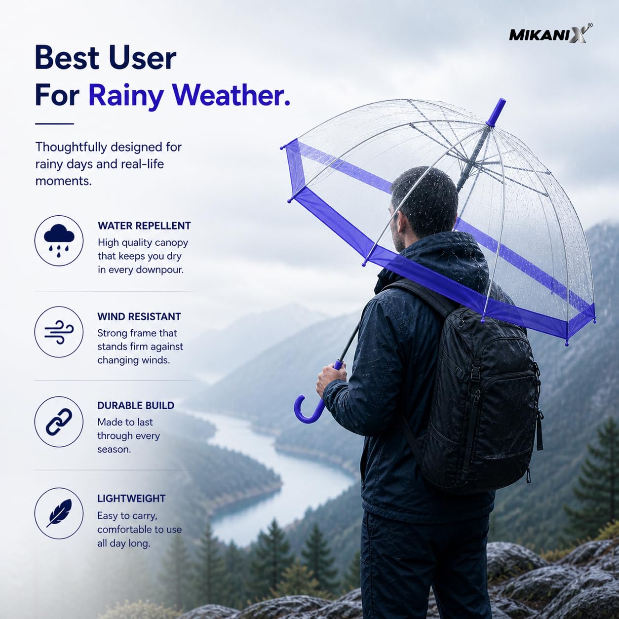 MIKANIX Transparent Dome Rain Umbrella with Trim & Curved Handle | Windproof Clear Design for Men & Women | Lightweight Portable (MULTICOLOR)