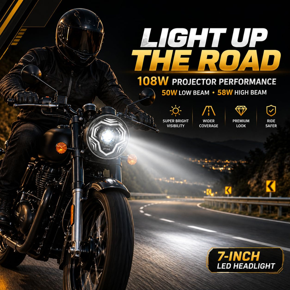 MIKANIX DRL Motorcycle HJG Headlight 3 Modes | App Controlled LED Headlamp | White, Amber & RGB | High & Low Beam | Dynamic Multicolor Light for Bike, Motorcycle & Universal 7-Inch Housing