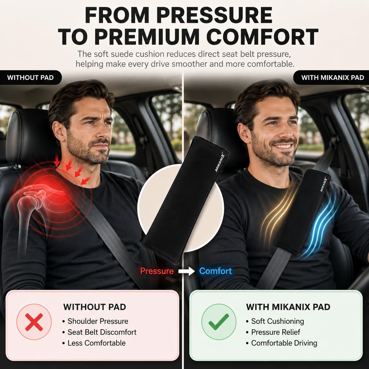 MIKANIX Car Seat Belt Shoulder Pad | Ultra Soft Fabric Suede Belt Cover | Universal Seat Belt Sleeve For Cars, SUVs & Vehicles | Reduces Shoulder Pressure & Neck Comfort for Daily & Long Drives