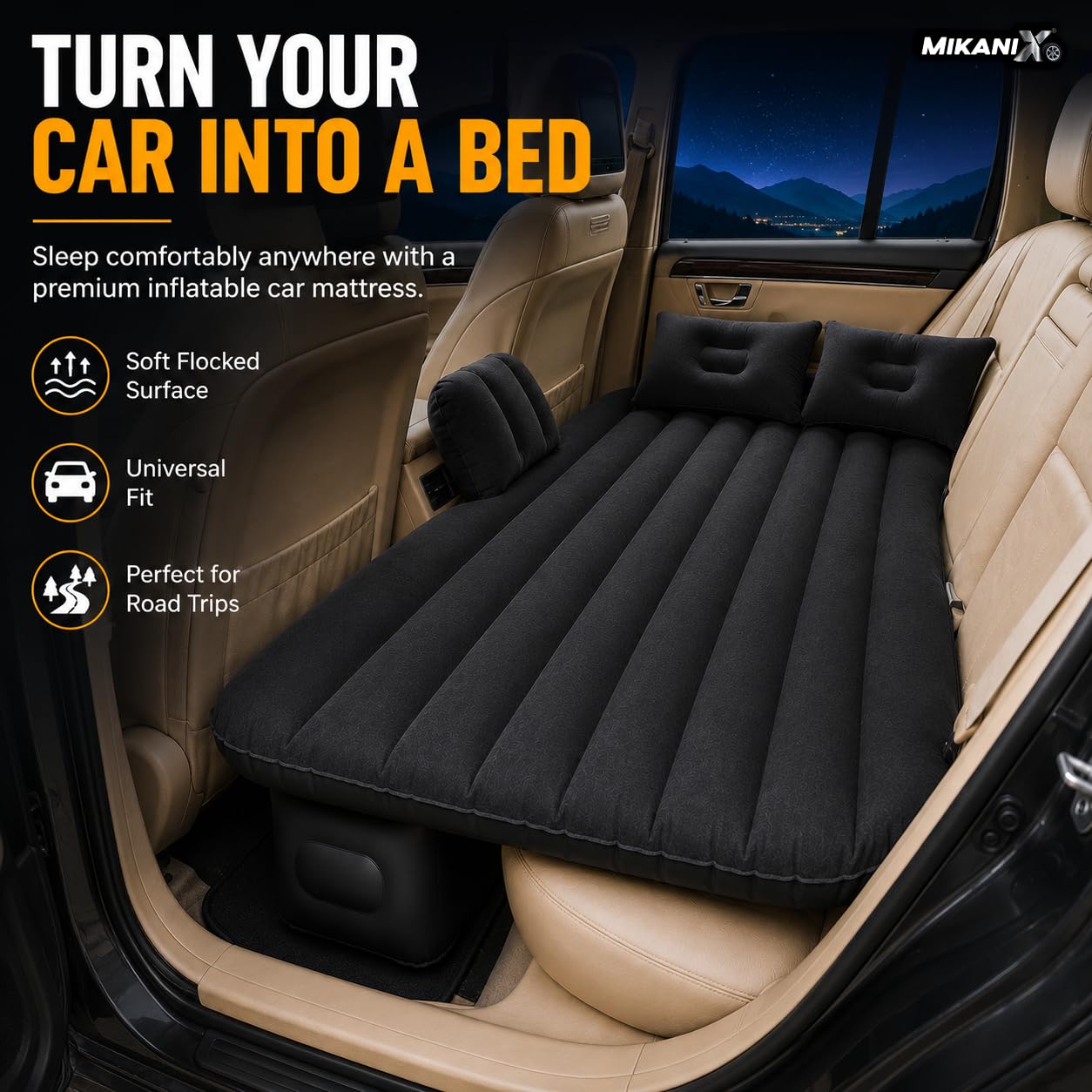 MIKANIX Inflatable Car Mattress Back Seat Air Bed for SUV, Sedan & Truck Travel | Portable Camping Air Mattress Bed with Portable Electric Air Pump, 2 Pillows, Repair Kit & Head Protection