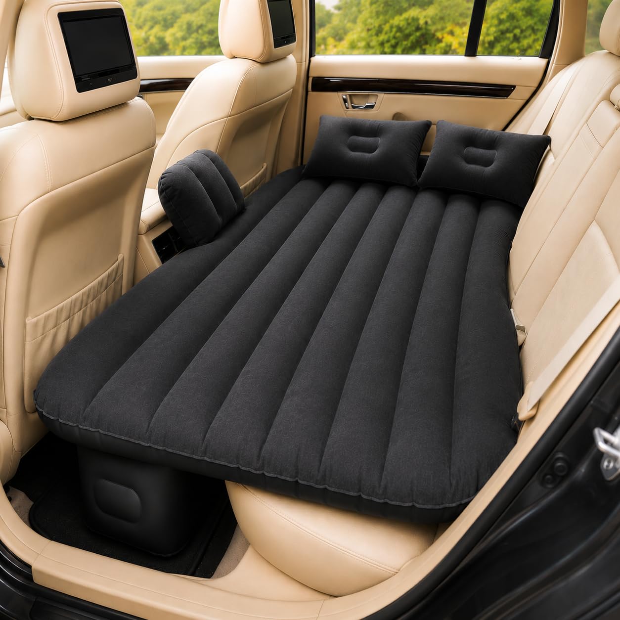 MIKANIX Inflatable Car Mattress Back Seat Air Bed for SUV, Sedan & Truck Travel | Portable Camping Air Mattress Bed with Portable Electric Air Pump, 2 Pillows, Repair Kit & Head Protection