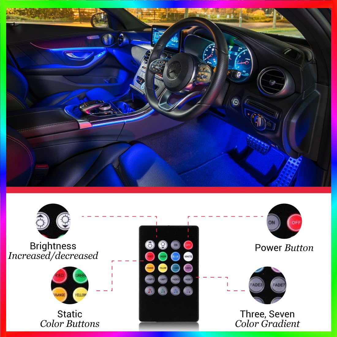 MIKANIX Multicolor Car Dashboard Interior 48 Led Atmophere RGB Light with 4 Strip & Remote for All Cars