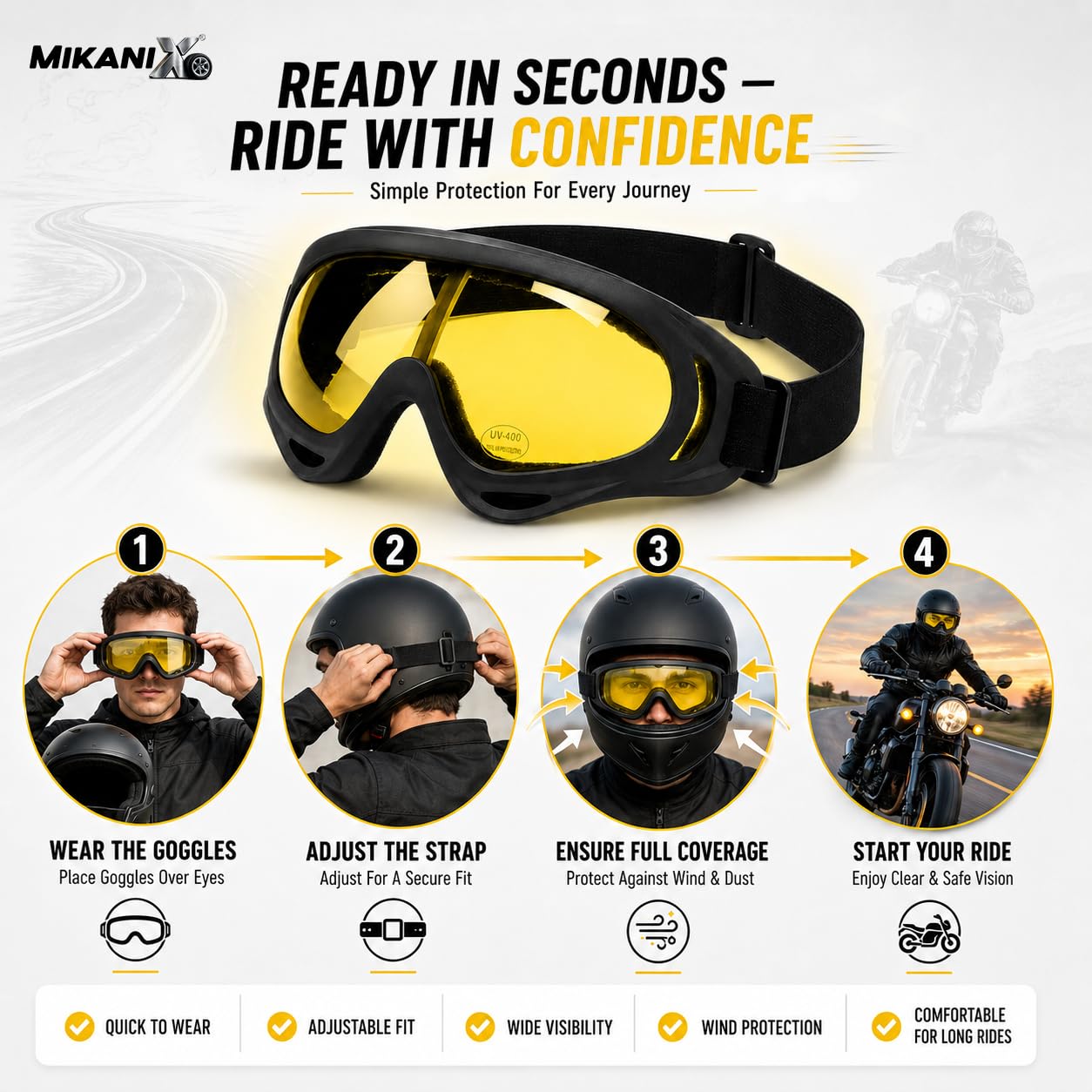 BRXR Motorcycle Riding Eyewear Helmet Goggles Anti Scratch | UV Protective Windproof Dirt Shield for Cycling, Bike Riding Off Road Racing and Outdoor Activities (Yellow)