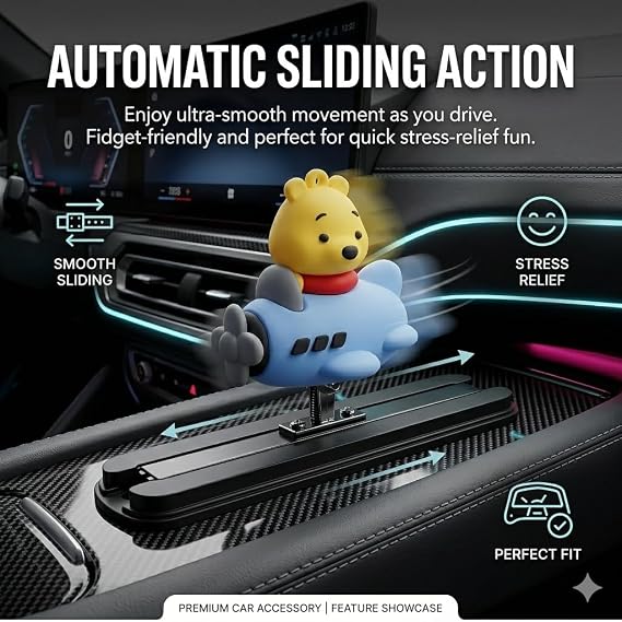 MIKANIX Auto Sliding Car Dashboard Decoration Cute Anime Pooh Character Moving Ornament Interior Accessory