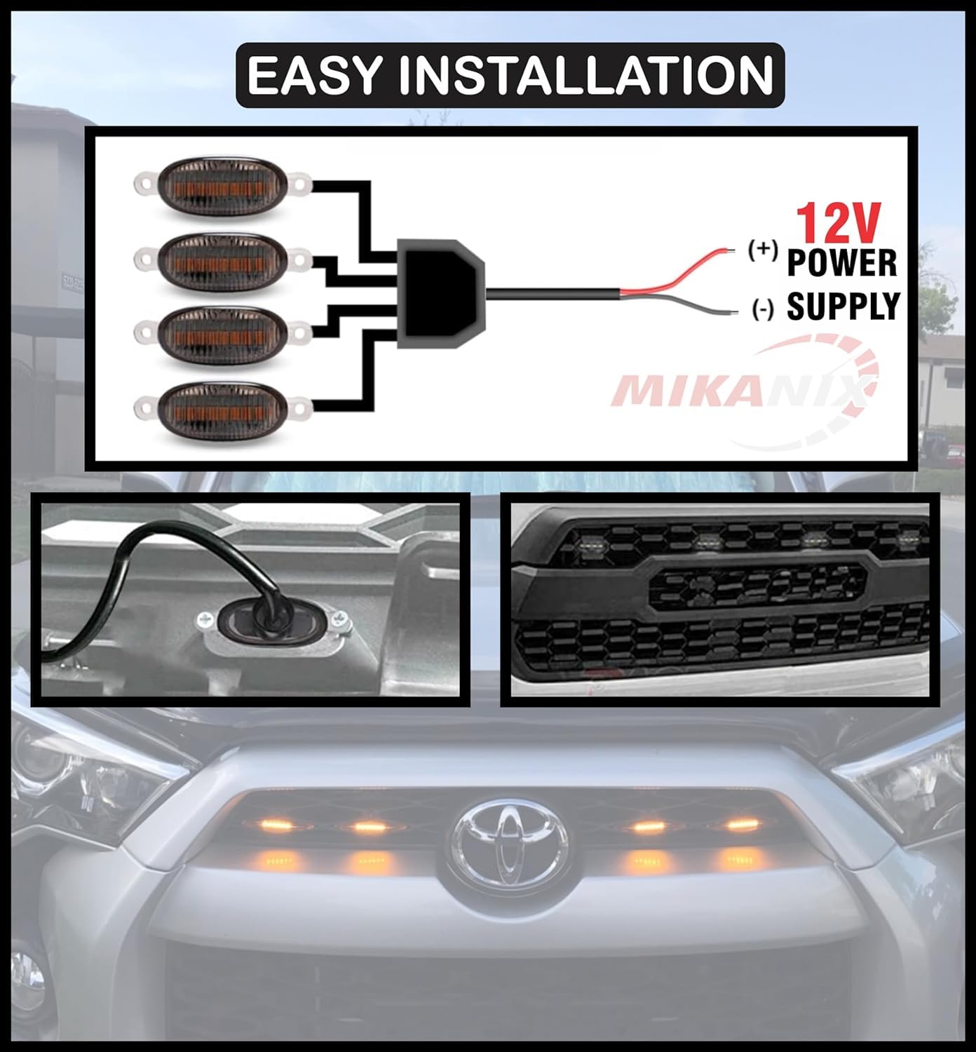 MIKANIX Car Grill Smoked Shell LED Light/Lamp with Fuse Adapter Wiring Harness Kit for All Cars