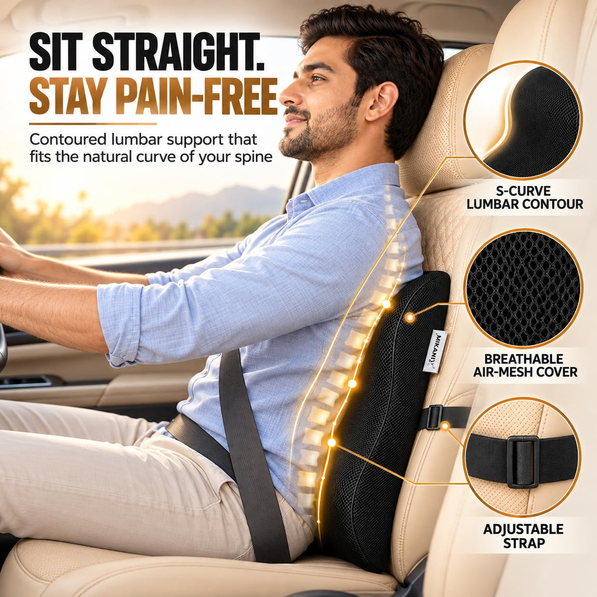 MIKANIX 3-in-1 Cushion Combo with Memory Foam Orthopedic Coccyx Seat Cushion | Lumbar Support Backrest and Neck Headrest Cushion | Breathable for Car, SUV, Sedan & Long Drives