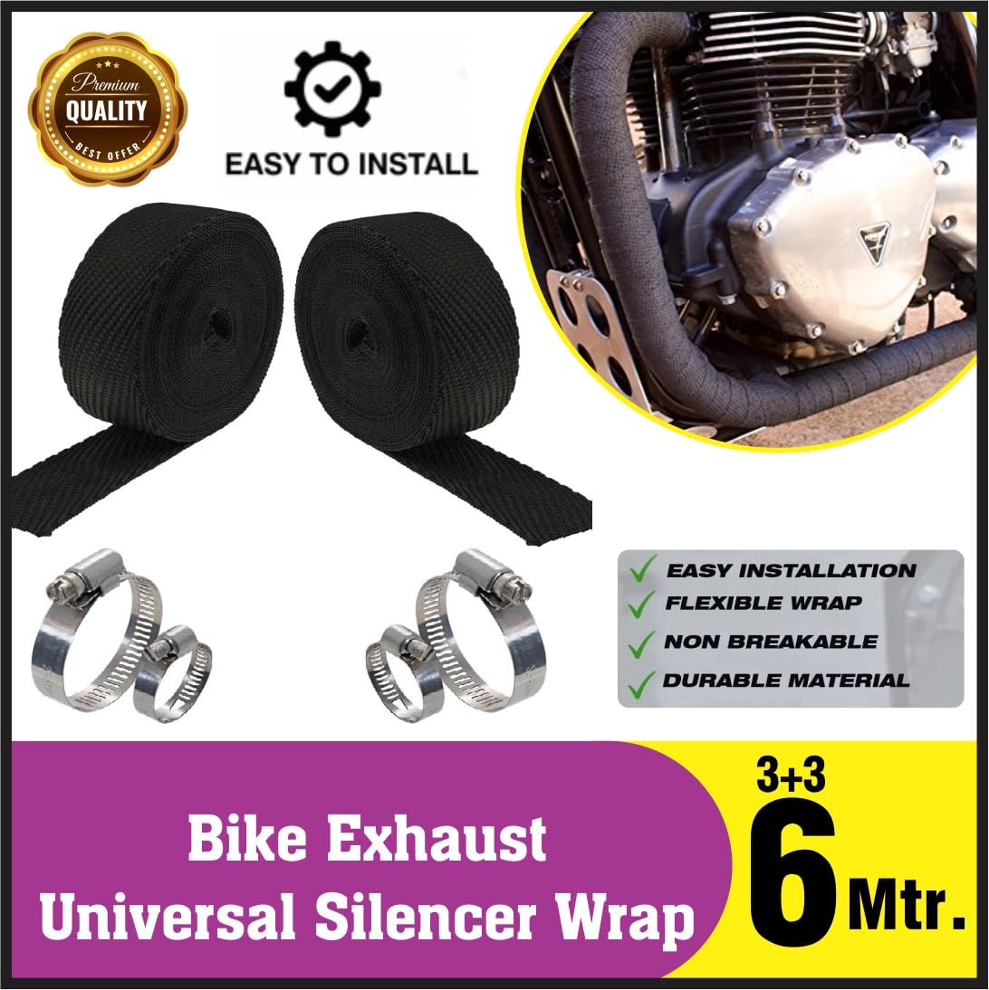 OBEROI'S TRADERS Combo of Universal Silencer Wrap | Bend Pipe Wrap | Bike Exhaust Heat Shield Protector with Clamp Compatible for Royal Enfield Classic, Electra Twinspark, Standard (6 Mtr, Black)