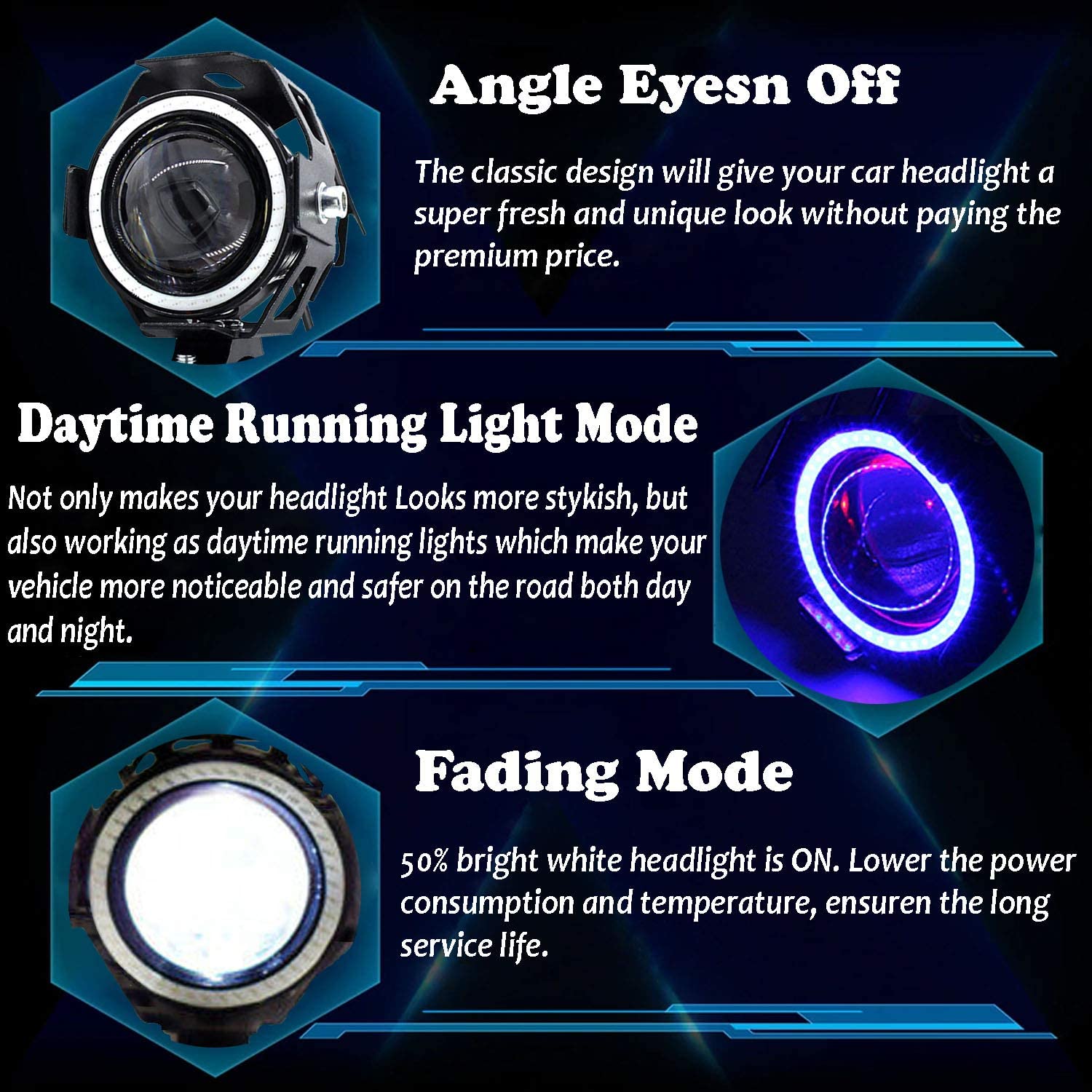 MIKANIX U7 LED Fog Light Bike Car High Low Beam Flashing with Red Demon Eye/Blue Ring Fog Lamp, Dash Light Car, Motorbike Xenon (Pack of 2)