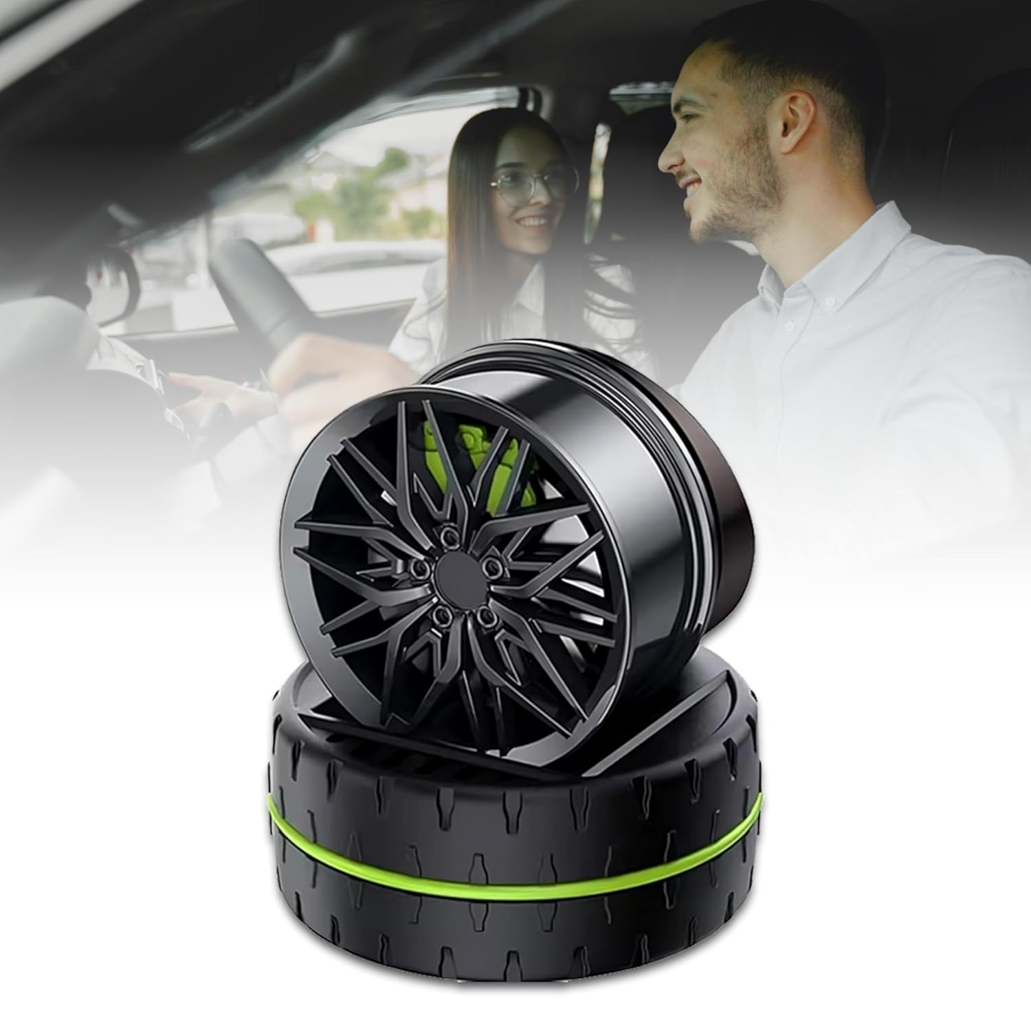 BRXR Solar Rotating Car Dashboard Air Freshener/Perfume Diffuser | Metal Body & Alloy Wheel Hub Design with Perfume Liquid for Car Interior Decoration Accessories (GREEN, FRENCH)