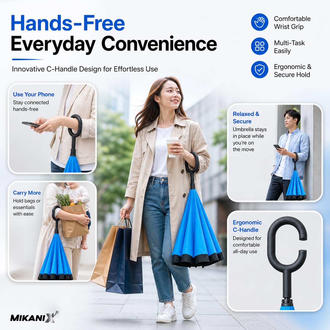 MIKANIX Reverse Folding Umbrella | Windproof Double Layer Inverted Upside Down Umbrella with C Shape Handle | Waterproof Anti-Drip Car Travel Rain Umbrella for Outdoor (MULTICOLOR)