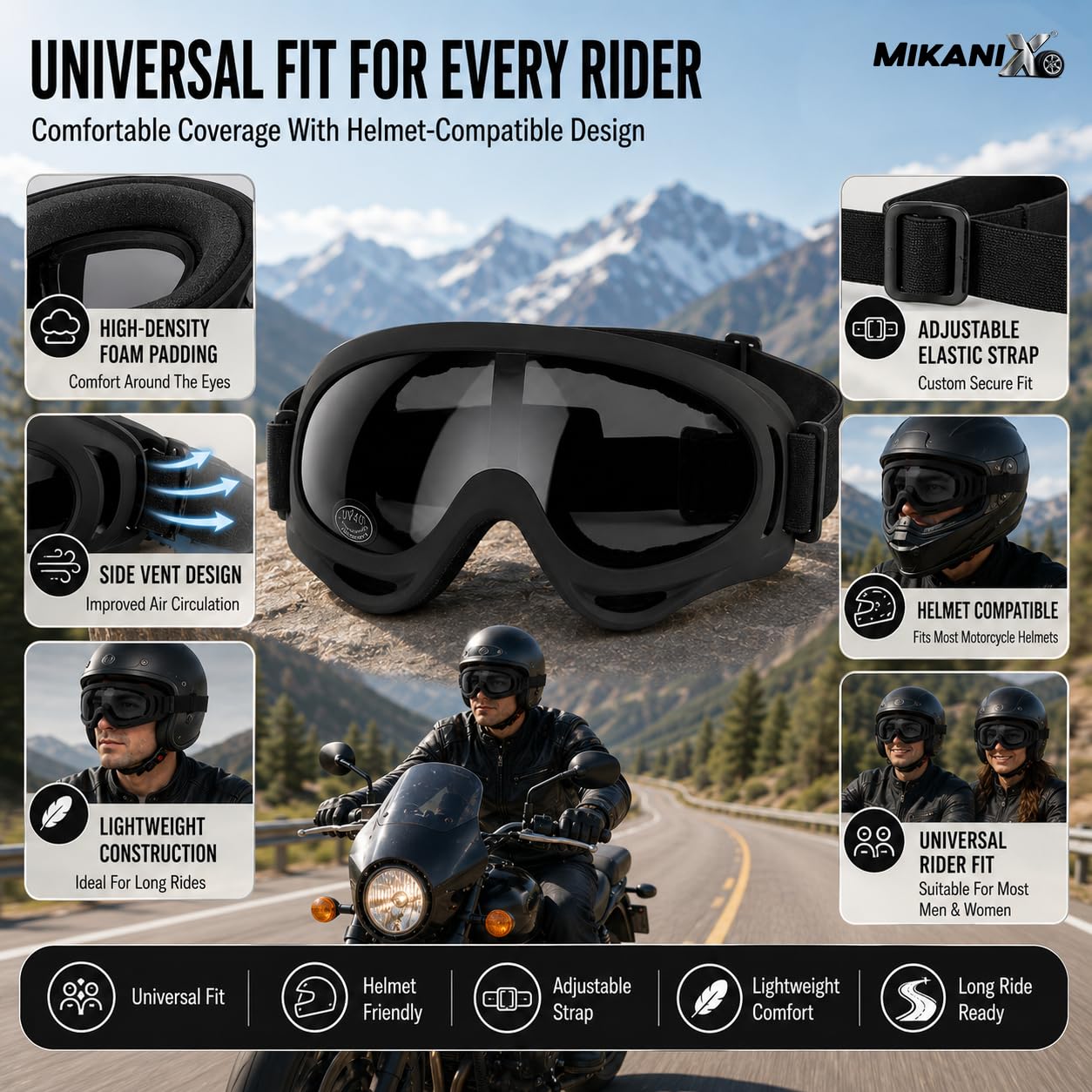 BRXR Motorcycle Riding Eyewear Helmet Goggles Anti Scratch | UV Protective Windproof Dirt Shield For Cycling, Bike Riding Off Road Racing And Outdoor Activities (BLACK)