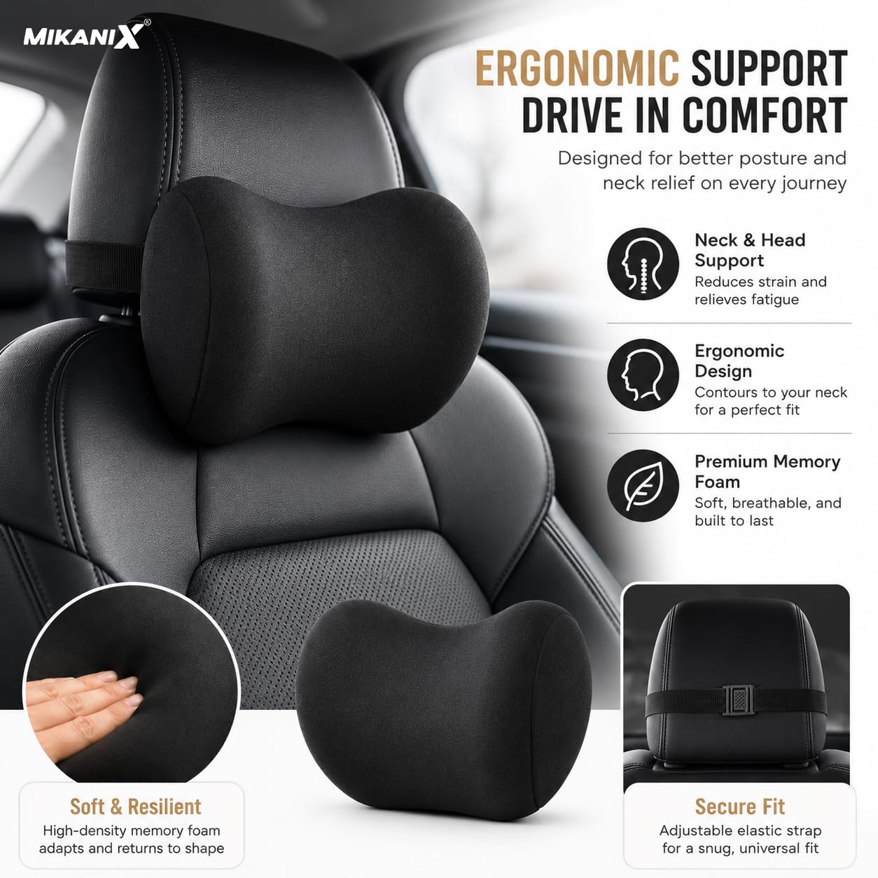 MIKANIX Car Neck Pillow for Driving - Premium Memory Foam Car Headrest Pillow with Adjustable Strap, Ergonomic Neck & Head Support for Car Seat Black