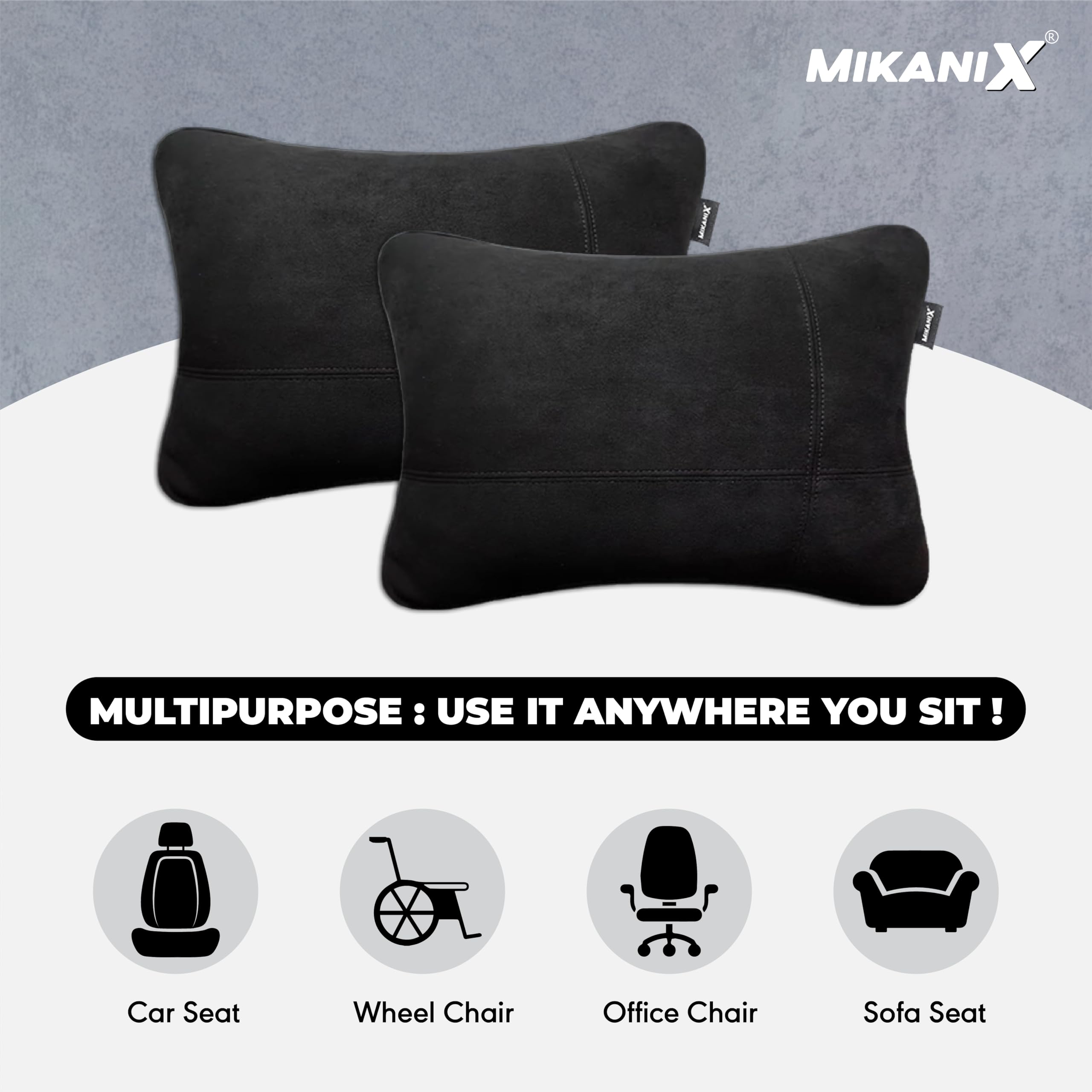 MIKANIX Car Headrest Pillow | Polyfill Fiber Cotton Neck/Head Support Cushion | Ergonomic Travel Headrest | Comfortable Car Seat Pillow | Breathable Soft Cover | Universal Fit (4 Black)