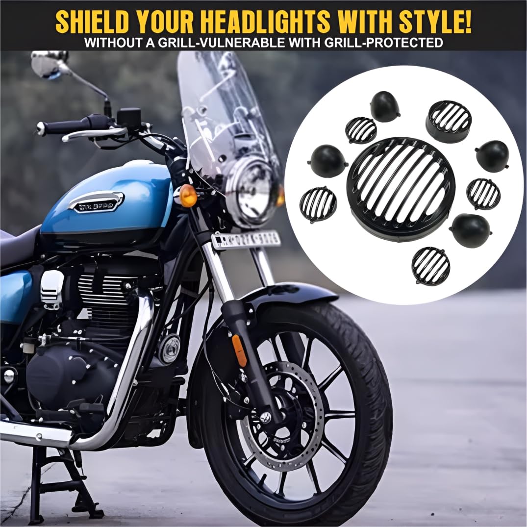MIKANIX Meteor 350 Bike CNC Metal Front Rear Headlight Grill/Jali Cover Set with Tail Lamp, Indicator Cup Compatible Only For Royal Enfield Meteor 350