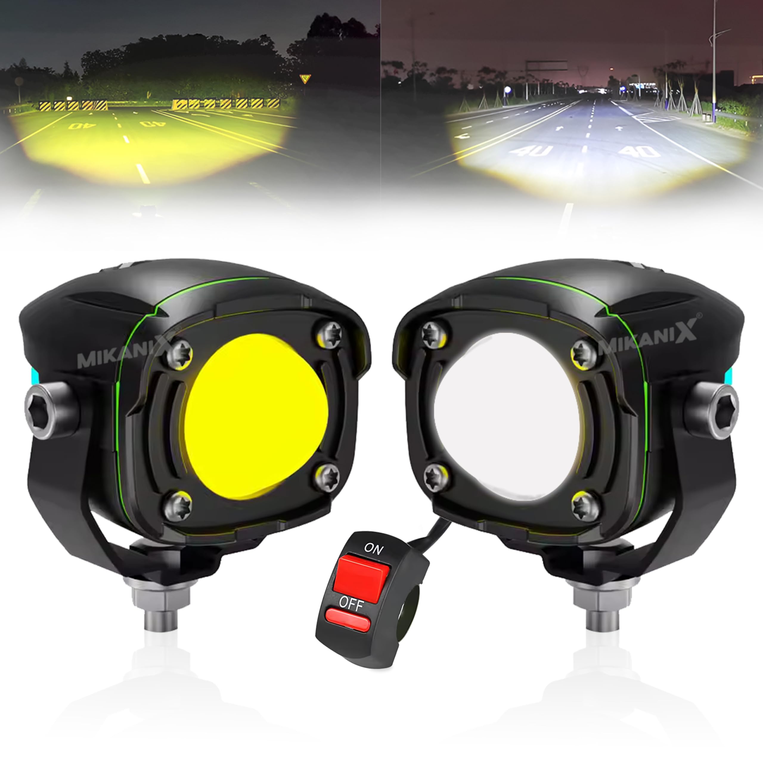 MIKANIX Super Bright LED Fog Light Lamp | Spot Light With Dual Color White/Yellow | High & Low Beam For Car, Bike, Scooty & ATVs