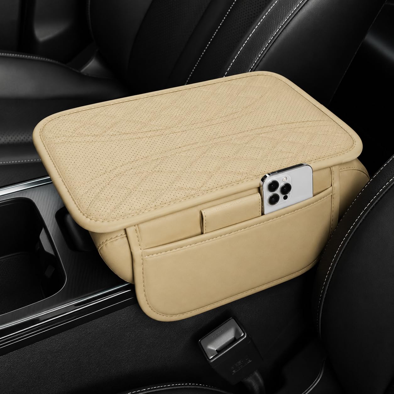 MIKANIX Car Center Console Armrest Cushion | Waterproof Leather Car Armrest Pad with Cup Holder, Phone Slot & Tissue Organizer for Top Hinged Consoles