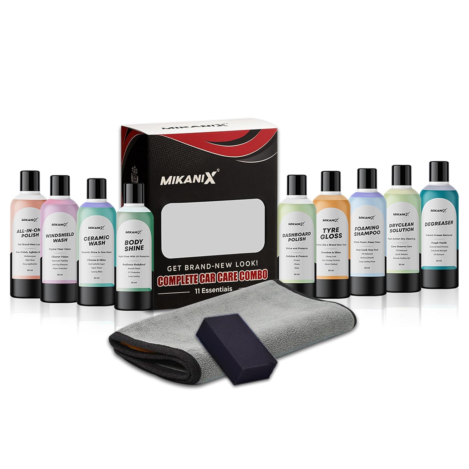MIKANIX Car Cleaning Kit 11-in-1 Combo | Ceramic Wash, Dashboard Polish, Shampoo, Tyre Gloss, Degreaser, Body Shine, Windshield Wash, Dryclean Solution with Microfiber Cloth & Foam Sponge