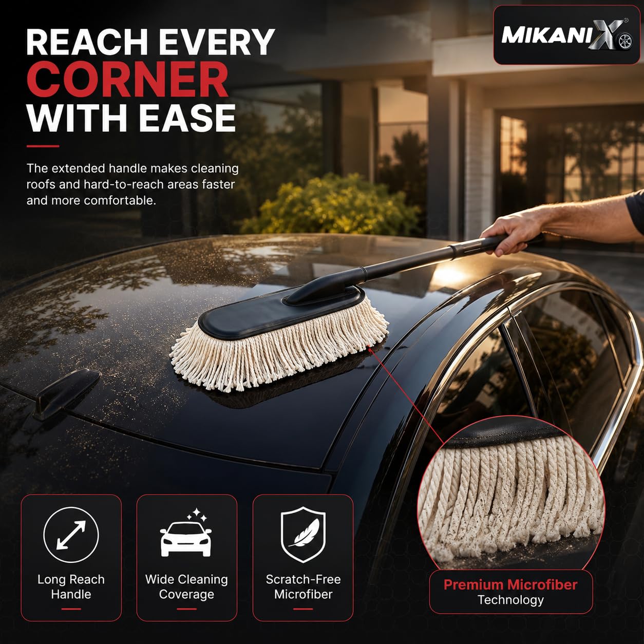 MIKANIX Soft Microfiber Car Duster Brush with Long Handle, Lint-Free & Scratch-Free Car Dust Cleaner | Paraffin Wax-Treated Cotton Fibers for Car, Bike, SUV, Truck & Dashboard