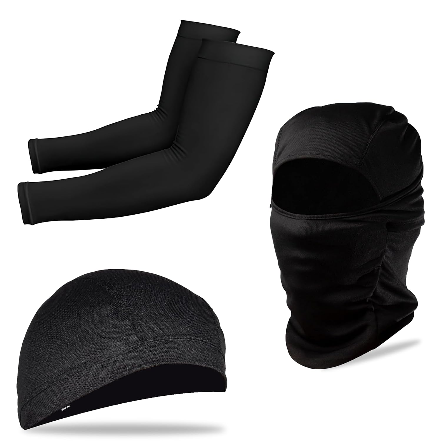 BRXR Men's Balaclava, Arm Sleeves & Skull Cap Combo for Bike Riding, Motorcycling, Outdoor Sports. Washable, Dust Protection, UV Protection, Adjustable, Free Size, Comfortable, Black Pack of 3