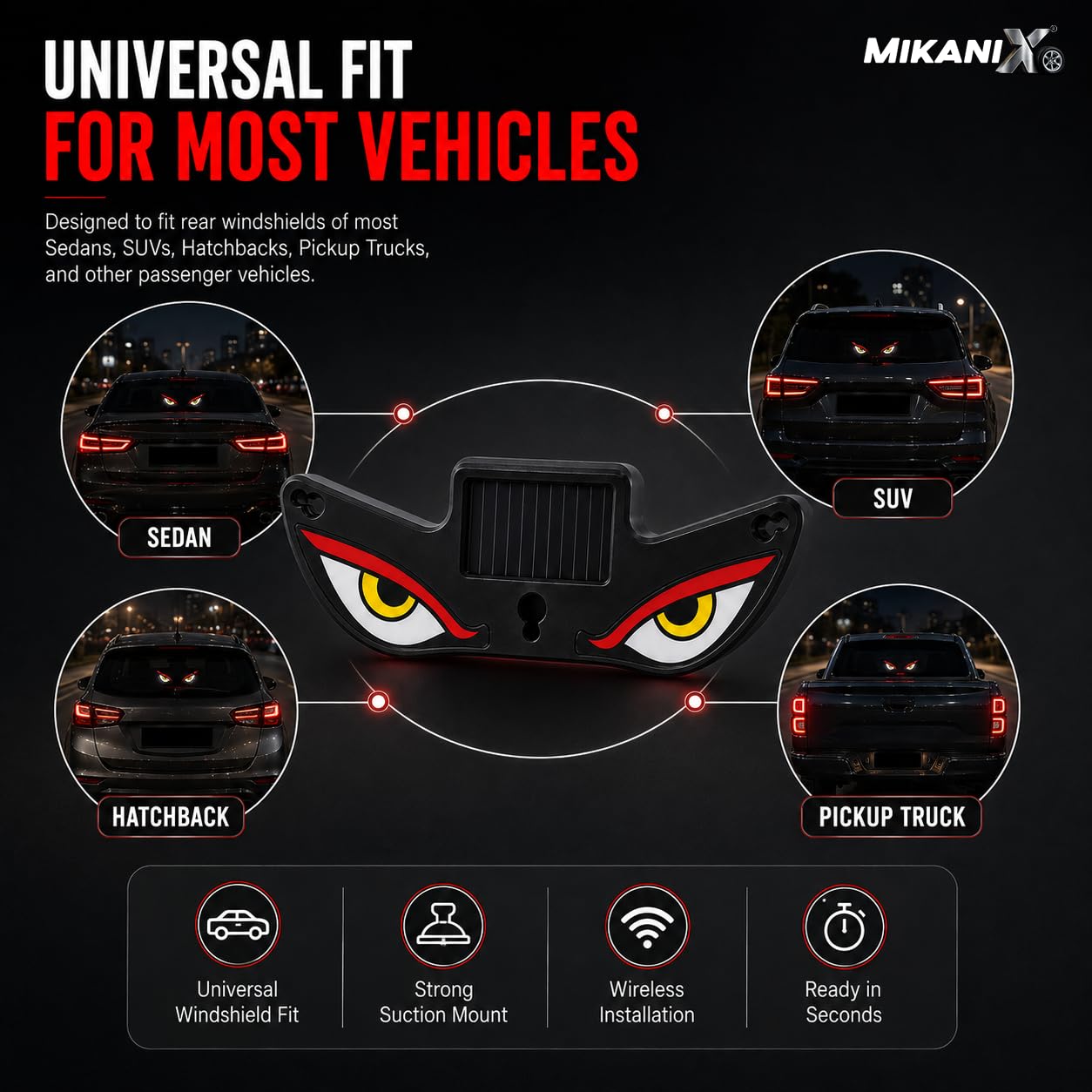 MIKANIX LED Demon Eyes for Car | Solar Powered Wireless Evil Eye Window Light | Dynamic Windshield LED Lamp with Suction Cup Mount | Car Decoration for SUV, Truck, Van & RV